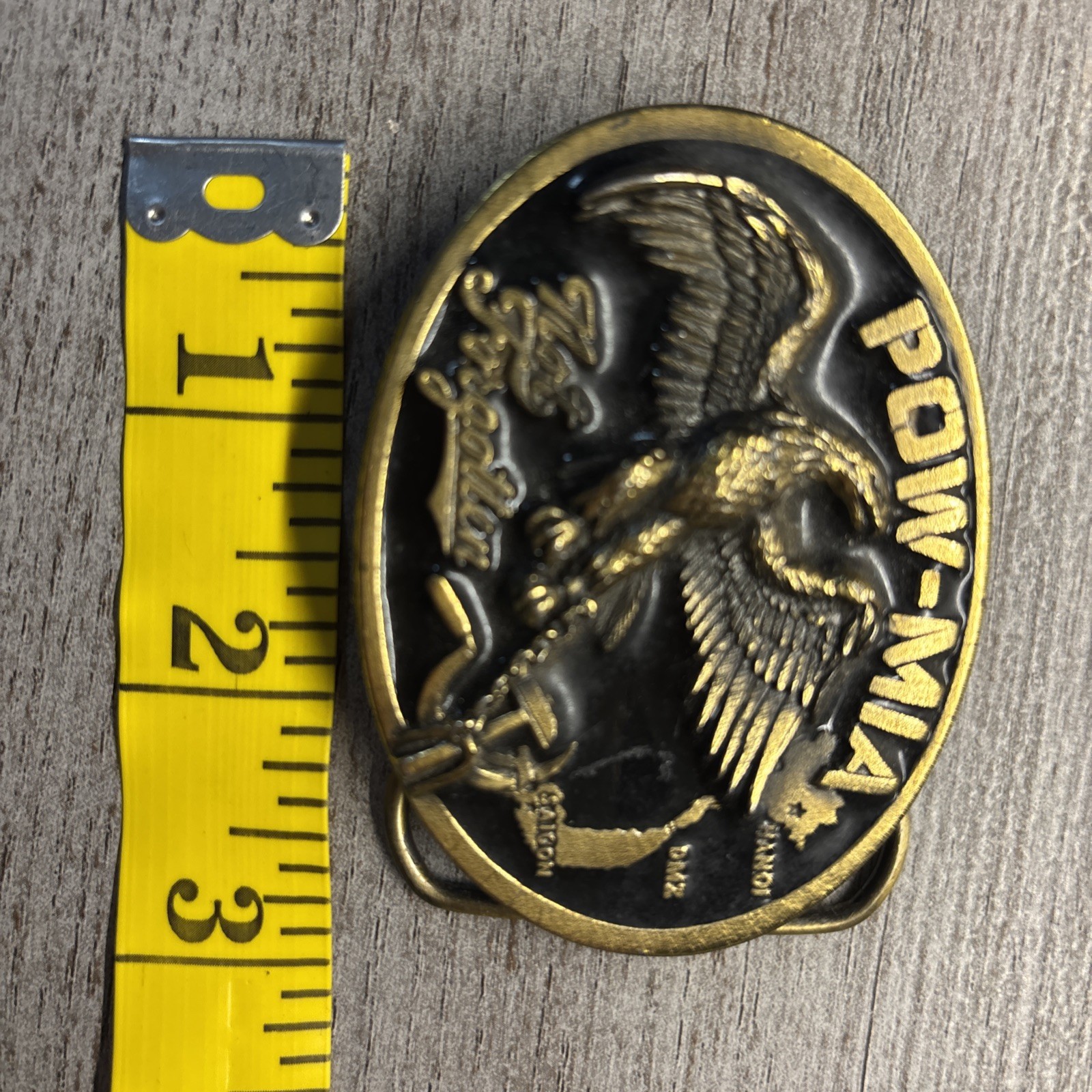 Military Belt Buckle POW MIA Eagle Great American #1822 USA Black Gold Vintage