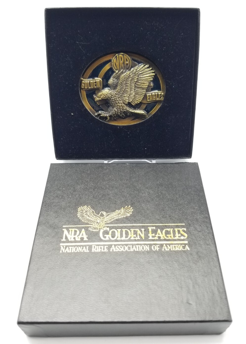 NRA Golden Eagles Brass Black Enamel Belt Buckle in Original Box
