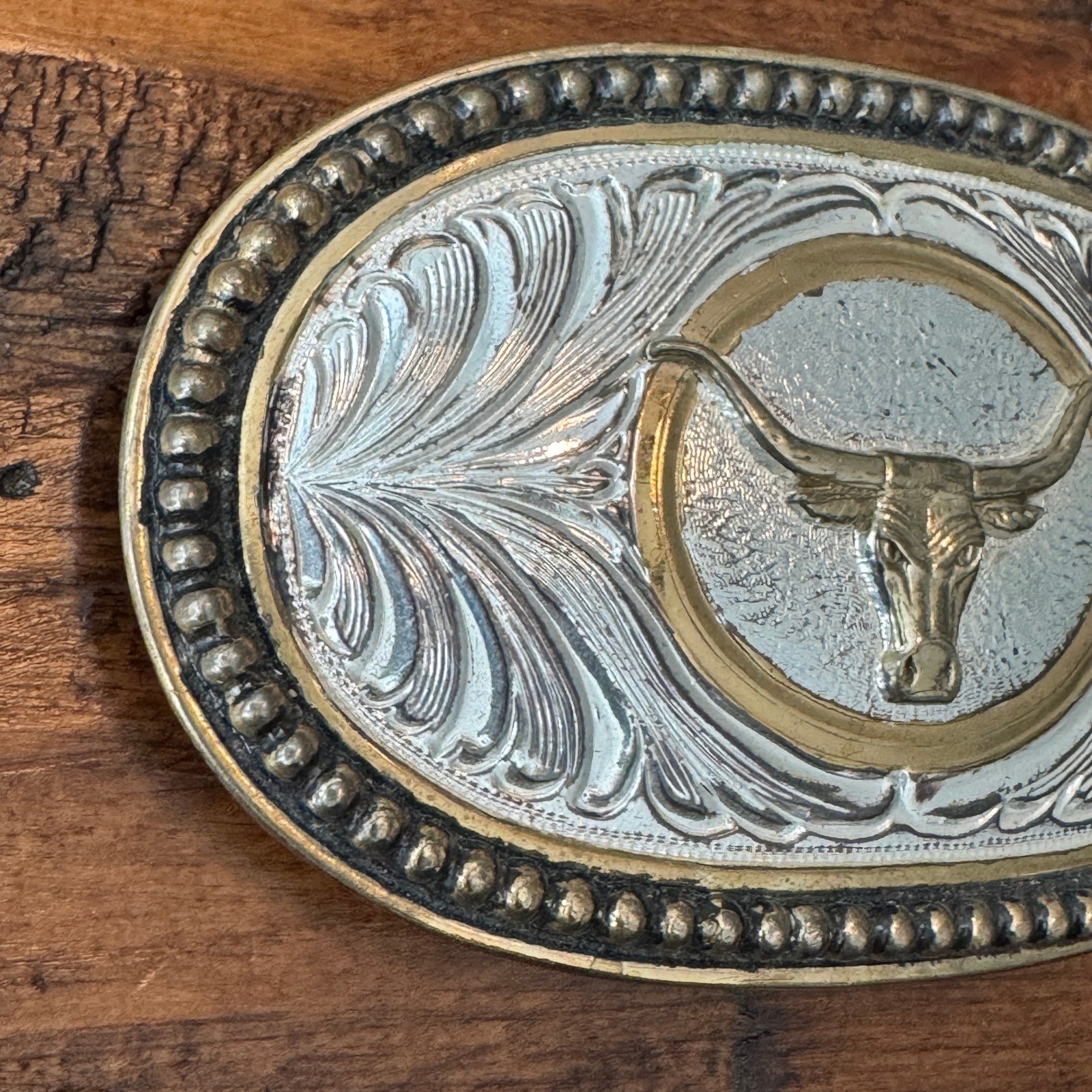 Western Longhorn Bull Belt Buckle Silver Gold Tone Floral Scroll Oval Cowboy