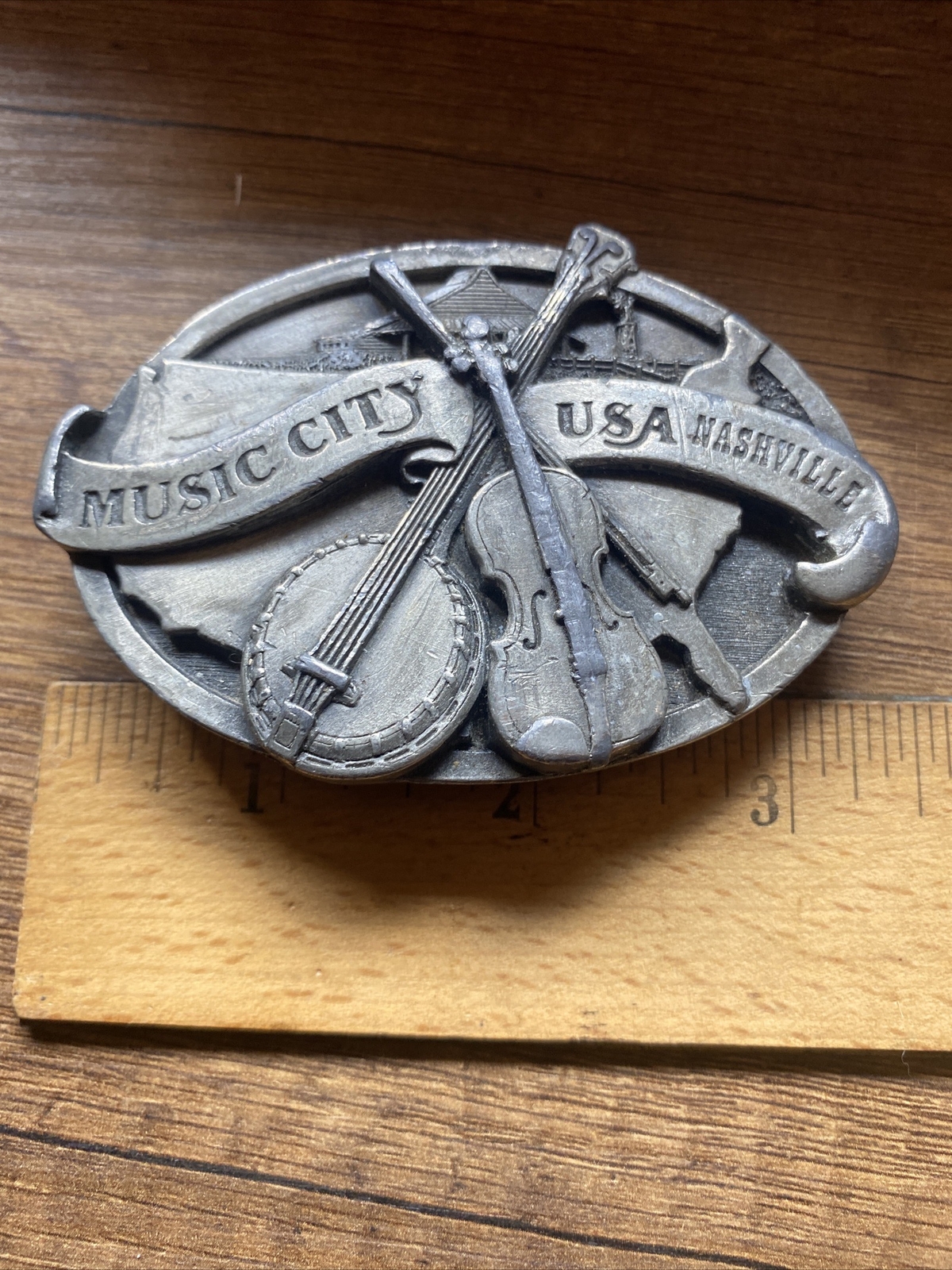Vintage NASHVILLE MUSIC CITY USA metal Belt Buckle Pewter Banjo Fiddle Country