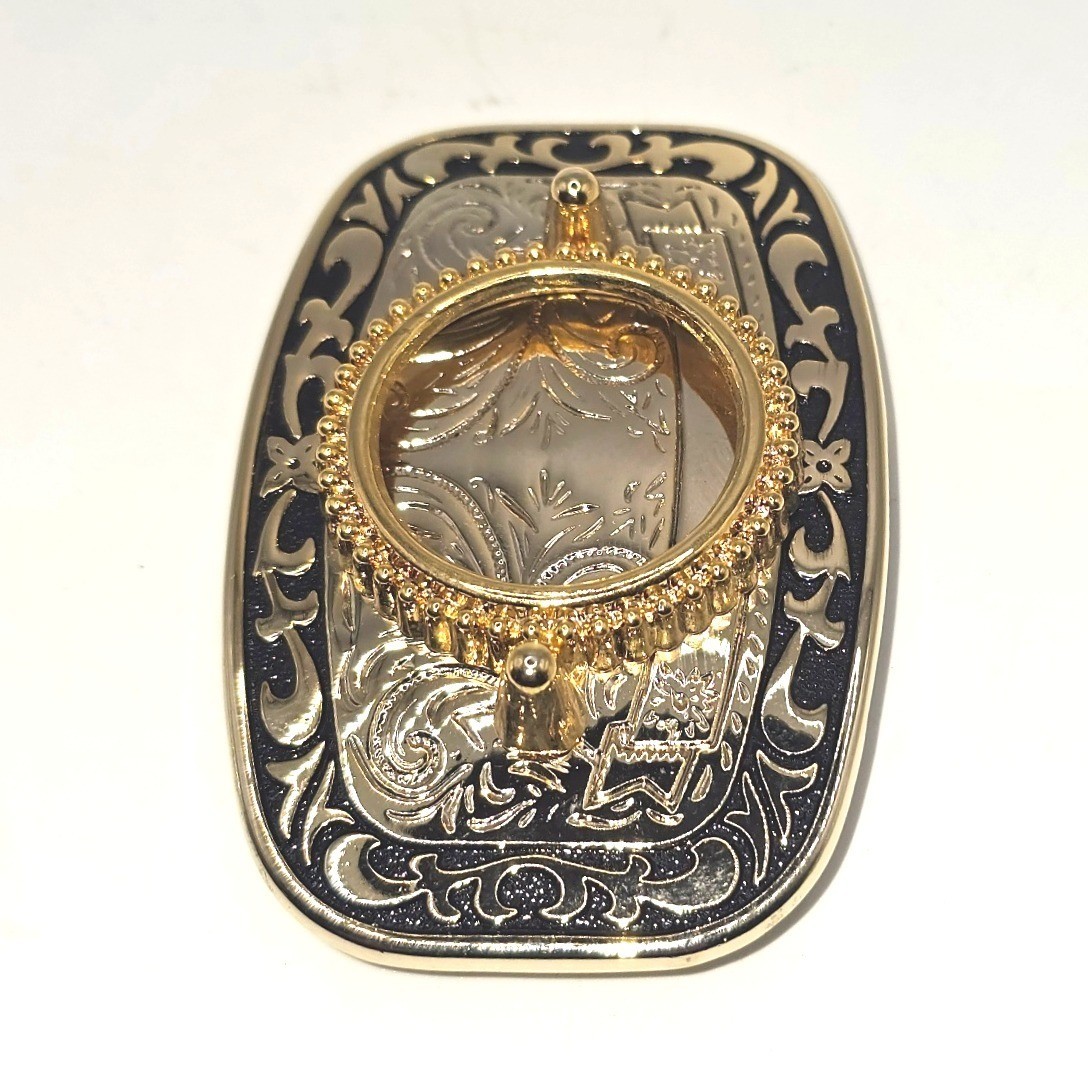Vintage Western Blank Floral Scroll Belt Buckle Gold Silver Tone Black Enamel