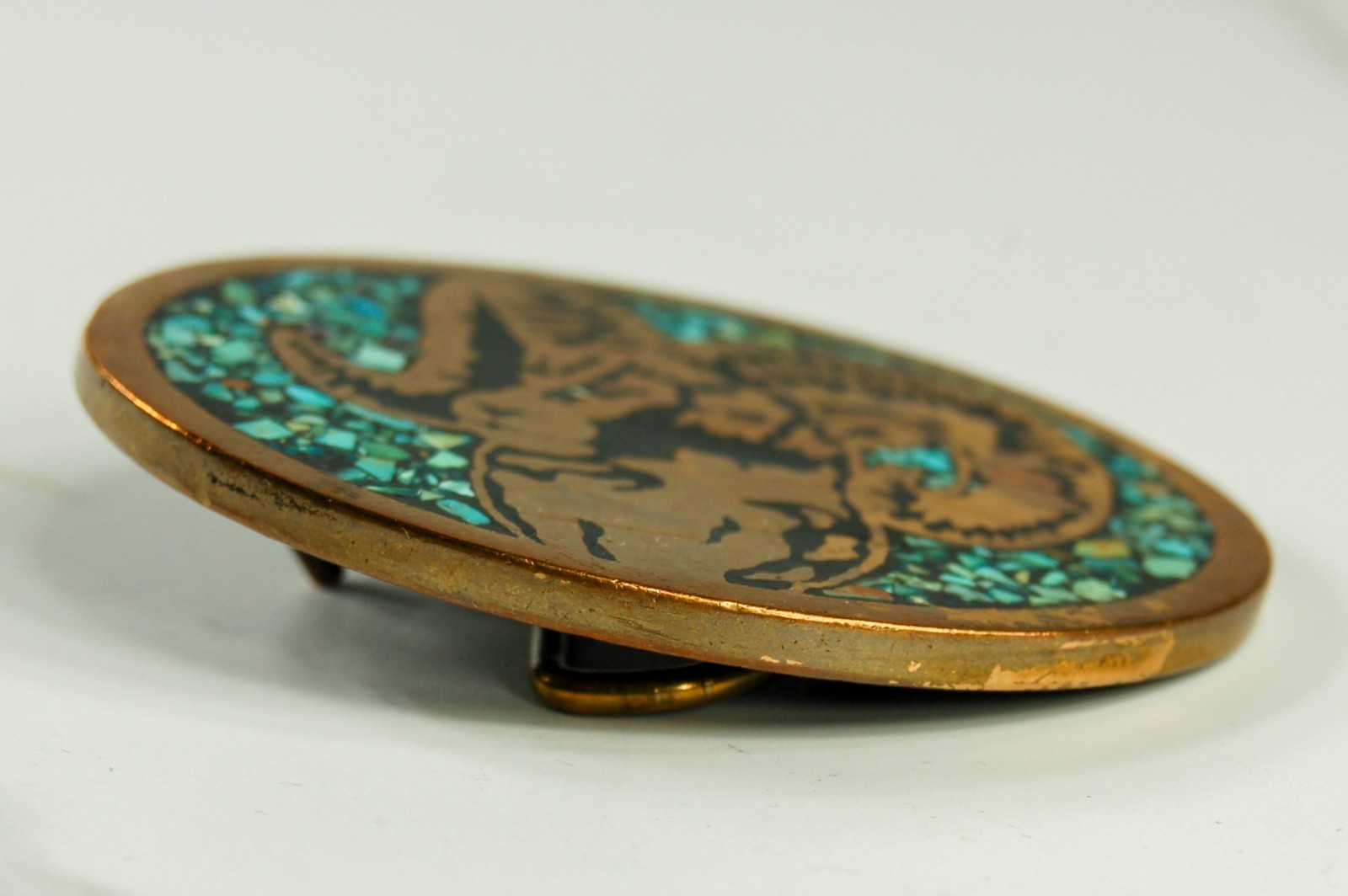 Bighorn Ram brass western belt buckle turquoise inlay vintage Harmony Metal