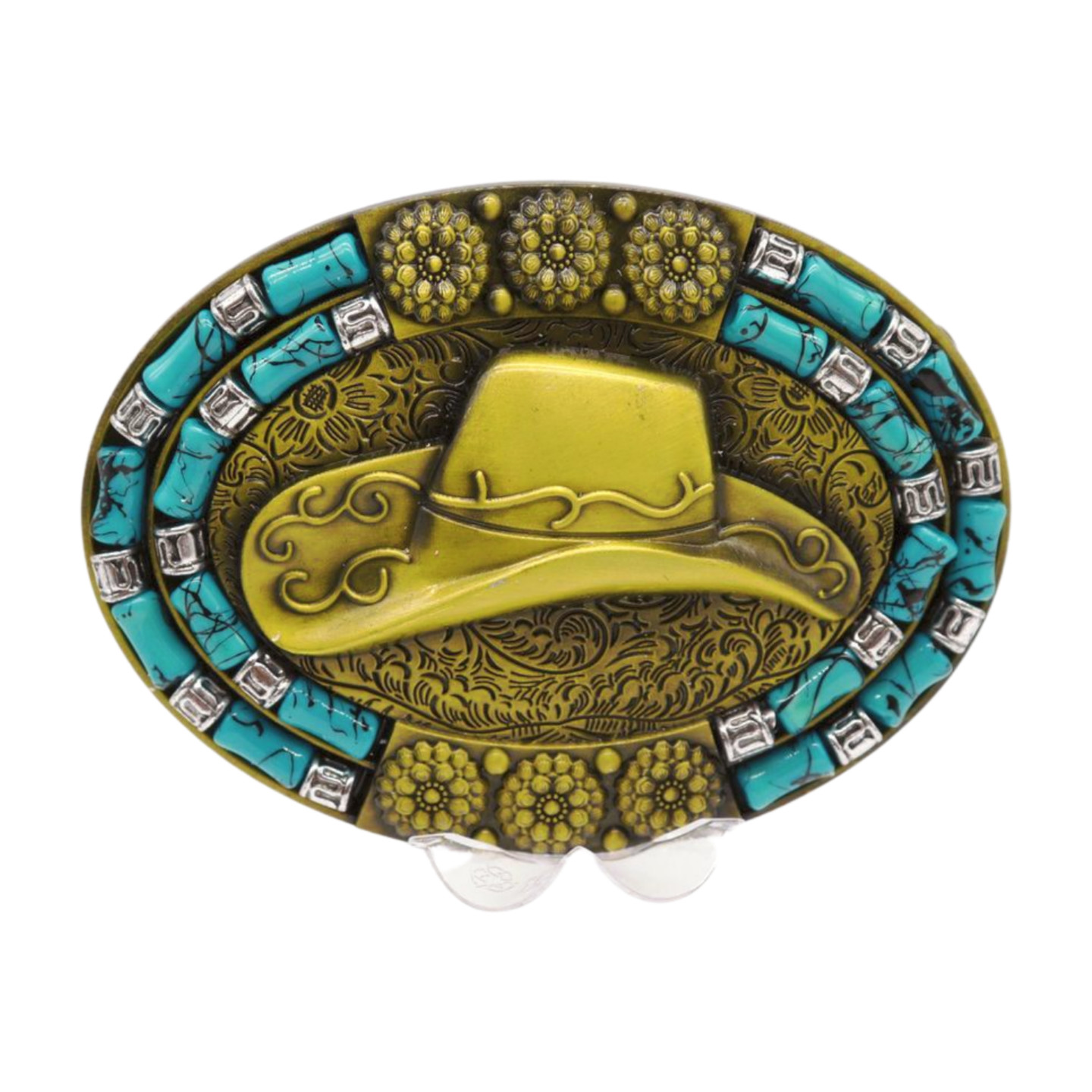 Men Antique Gold Metal Western Belt Buckle Cowboy Hat Turquoise Blue Color Beads