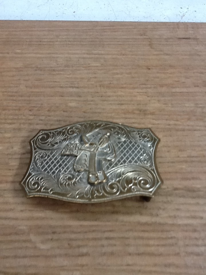 Vintage Western Horse Saddle Belt Buckle Solid Brass Engraved Floral Gold Tone