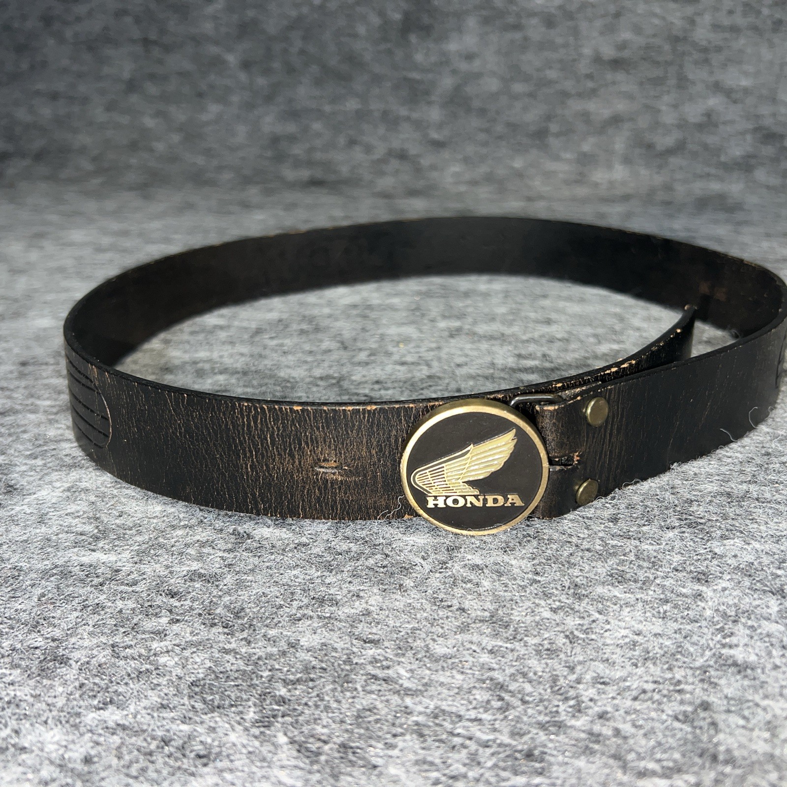 vtg 1983 Honda Motorcycle Brass Belt Buckle Biker 80s Round with belt 36 leather