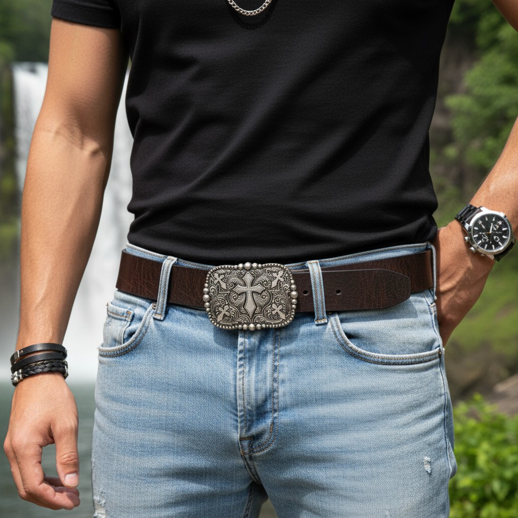 Men Women Western Belt Buckle Rusty Silver Metal Cross Religious Outfit Biker