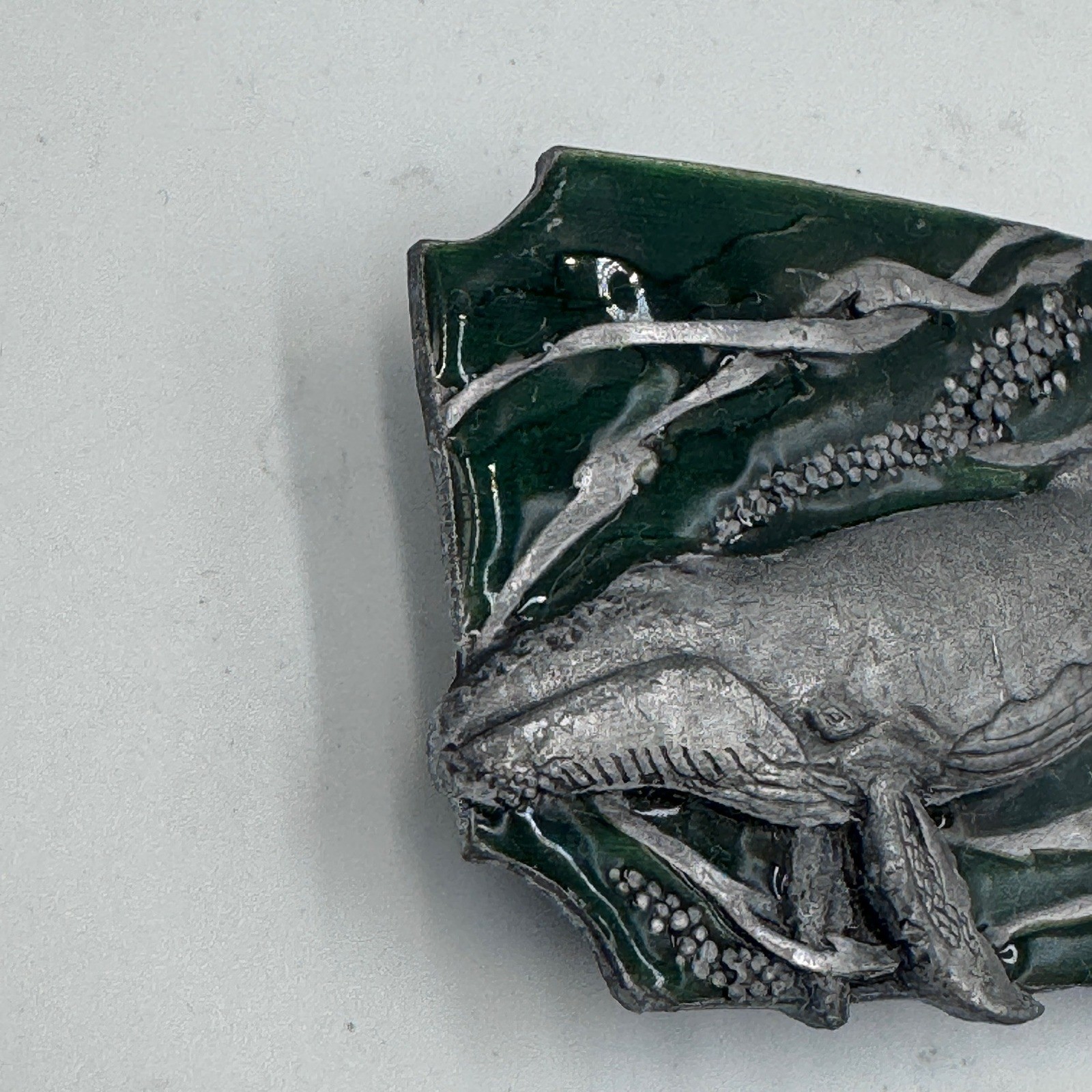 Vintage Humpback Whale Belt Buckle Green Enamel Silver Tone Nautical Marine Life