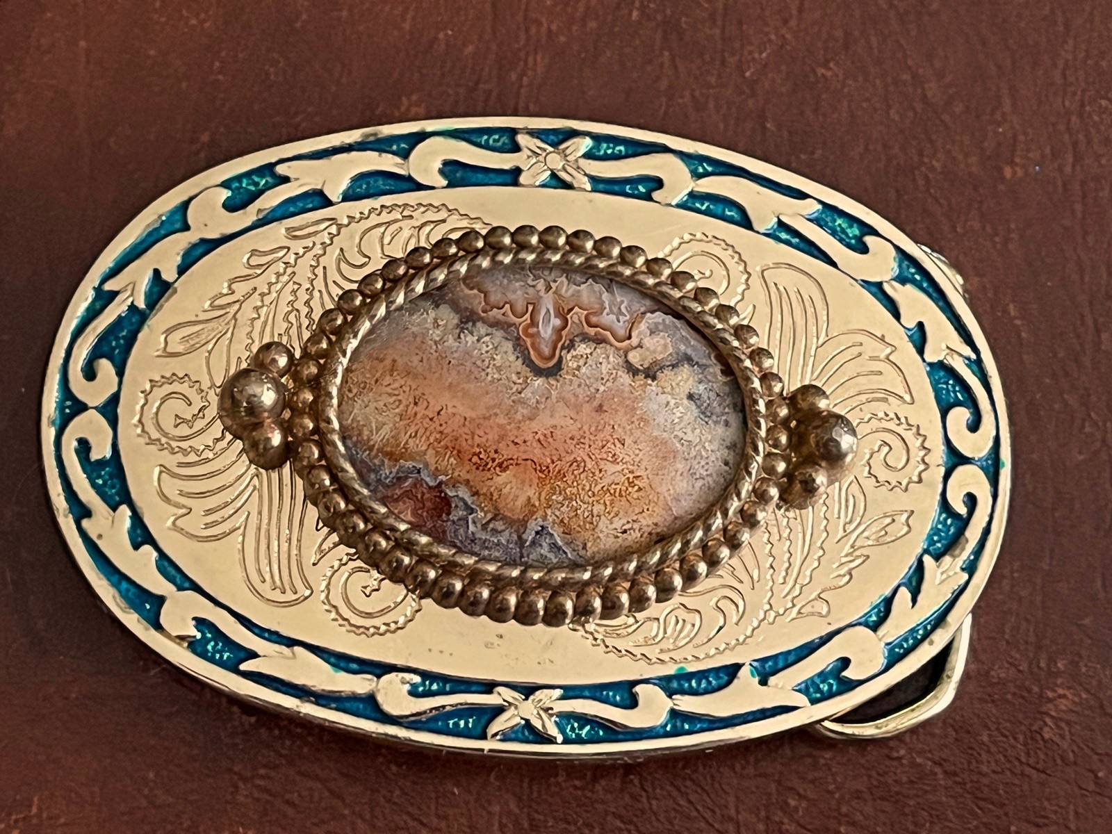Vintage Southwestern Agate Stone Bolo Tie & Belt Buckle Set Gold Tone ZB-003