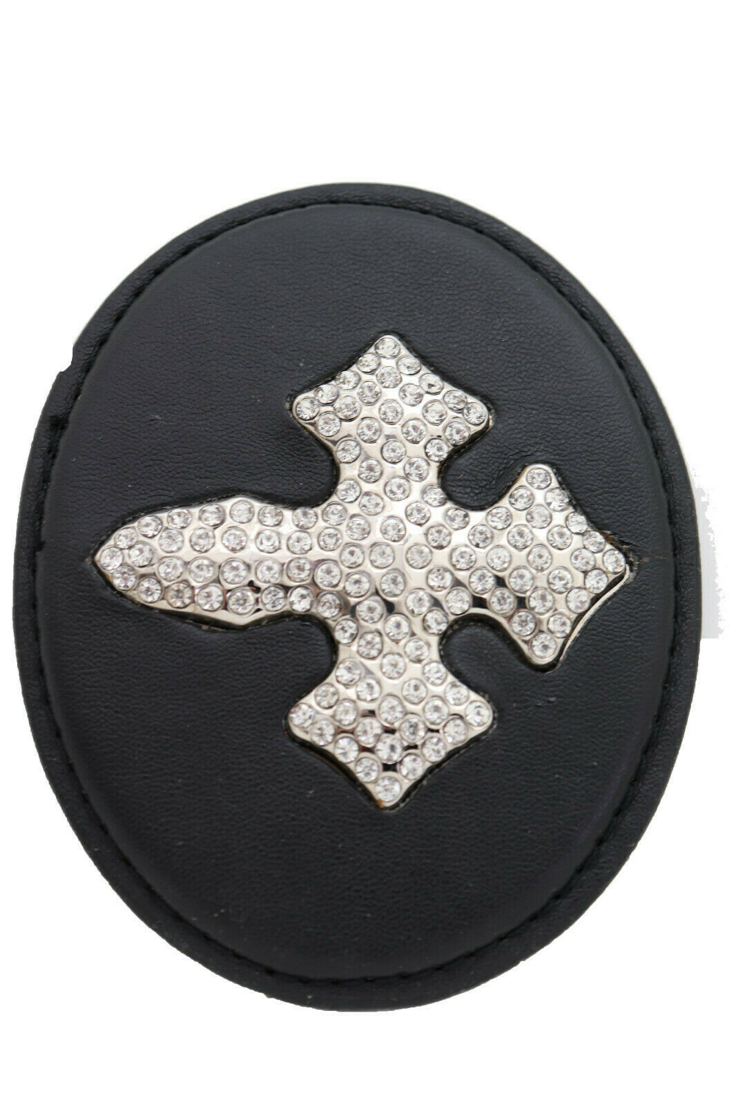 Men Women Fashion Black Oval Belt Buckle Silver Metal Bling Cross Religious Look