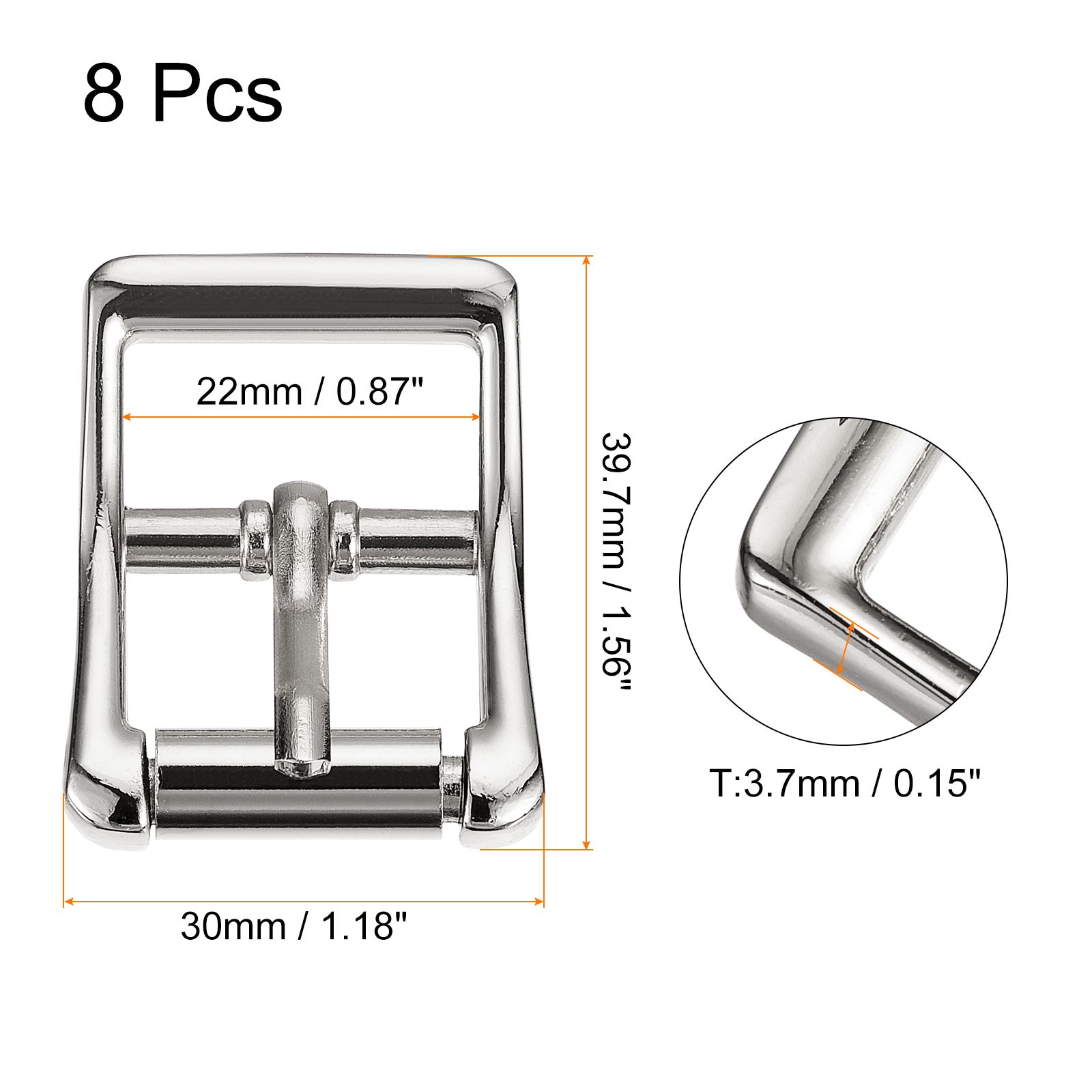 8Pcs 0.87&Prime; Single Prong Belt Buckle Square Center Bar Buckles for Belt Silver