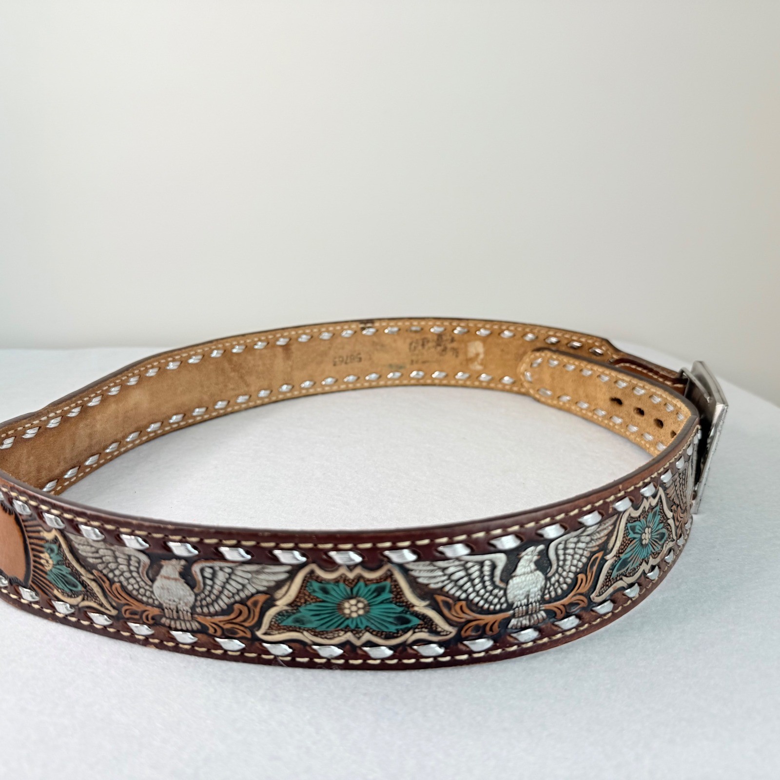 VTG Western Tooled Leather Belt Eagle Floral Inlay Personalized Jerry Size 36