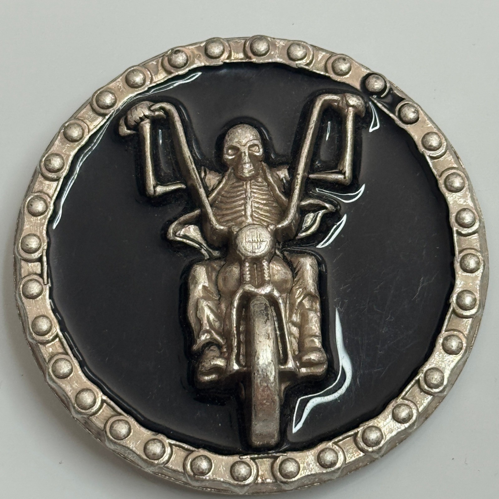 Skeleton Rider Motorcycle Belt Buckle Silver Tone Black Metal Round