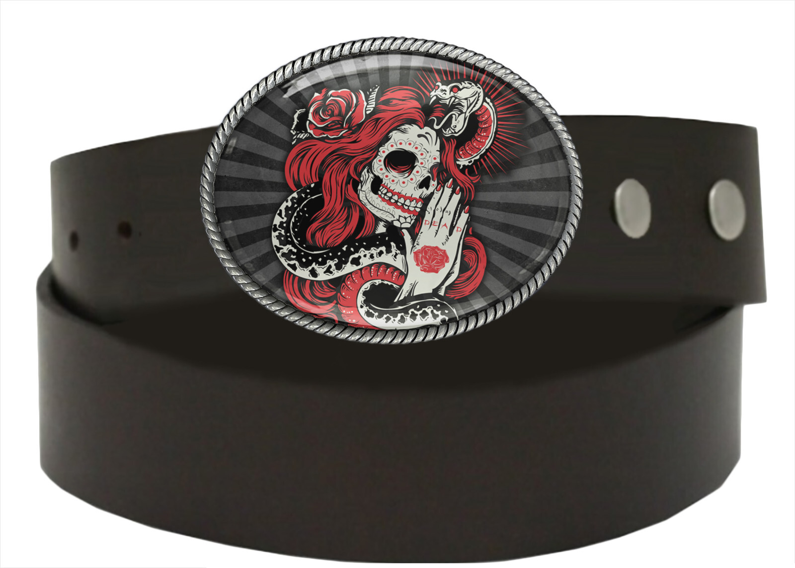 Sugar Skull Snake Belt Buckle – Day of the Dead Tattoo Belt Buckle – 814