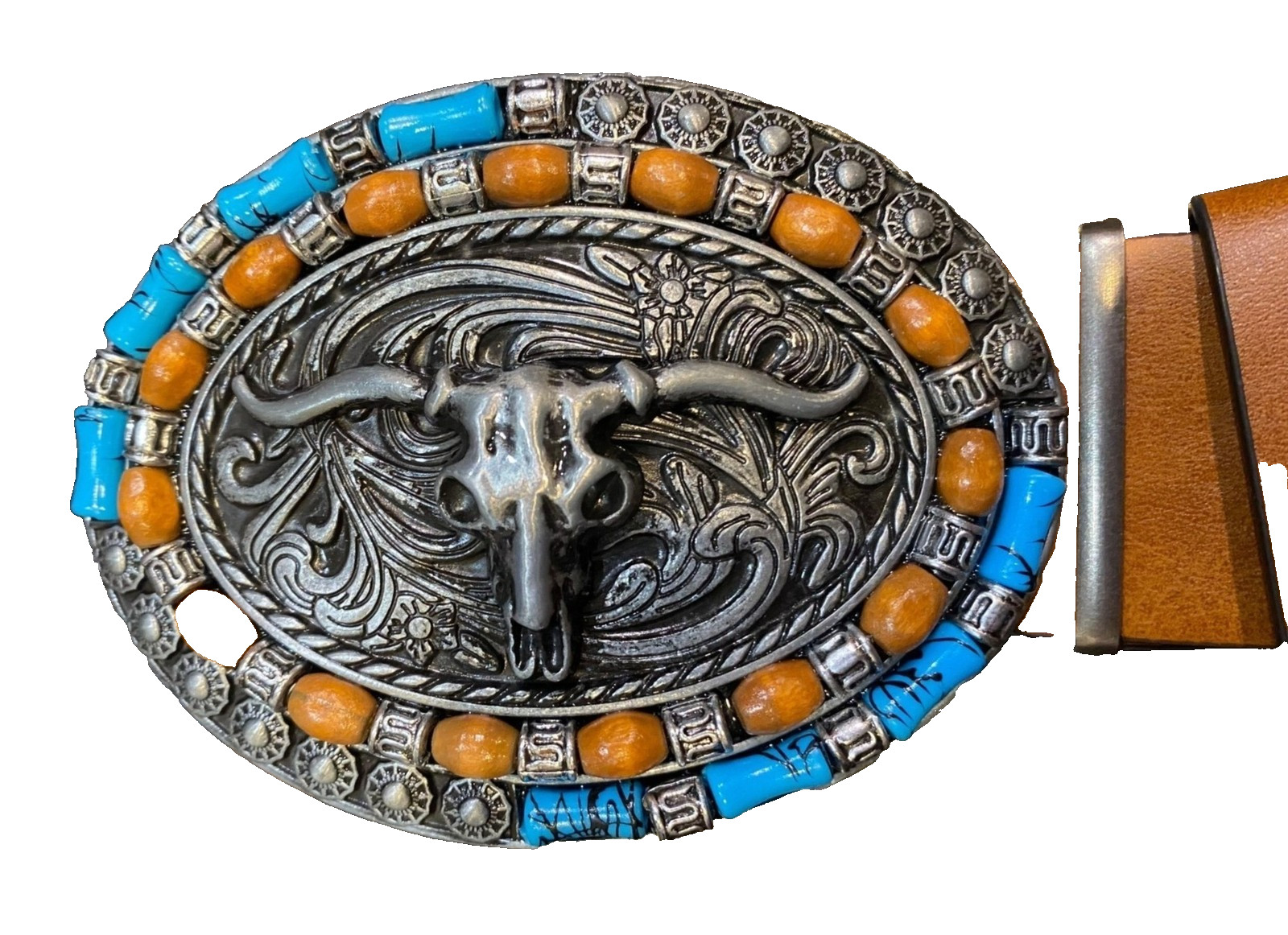 Western Longhorn Skull Belt Buckle Turquoise Coral Style Silver Tone Cowboy 4&Prime;