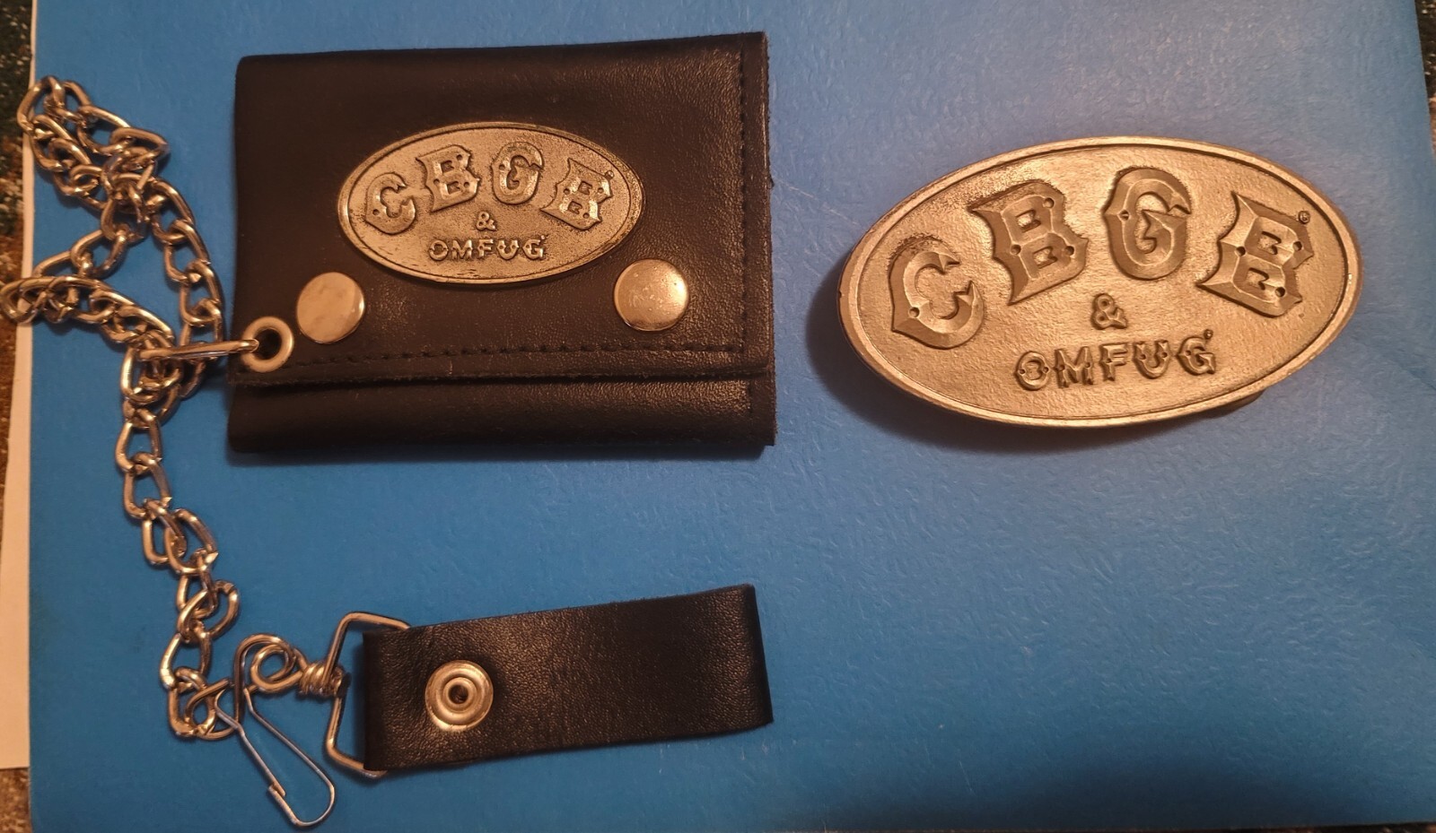 CBGB & OMFUG Belt Buckle , Chain Wallet & 3 Guitar picks