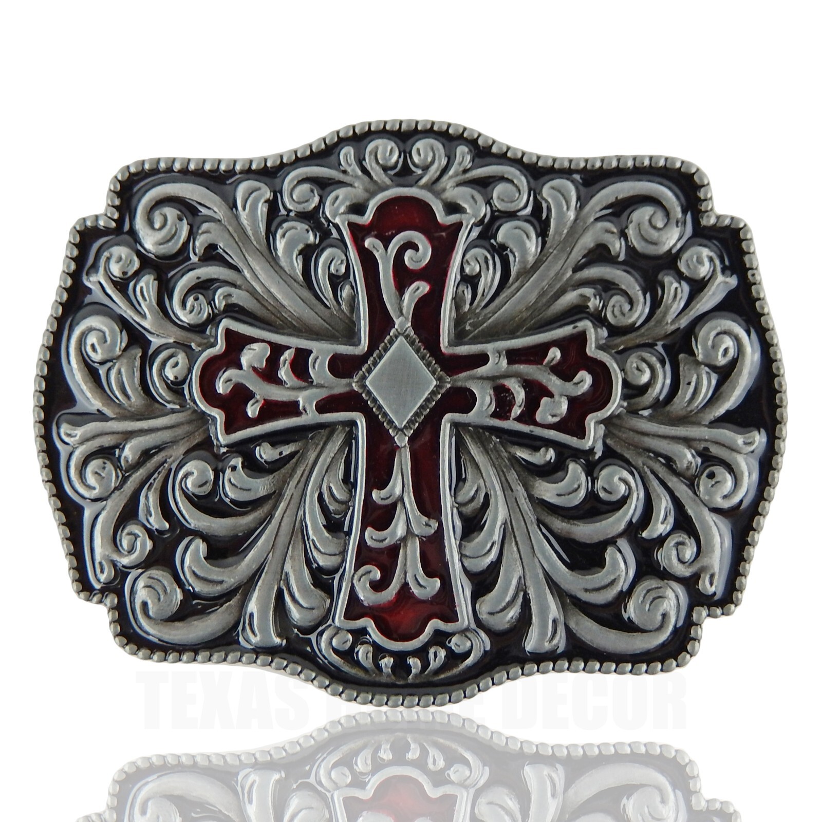 Floral Cross Belt Buckle Antique Silver Tone Fits 1.5&Prime; Belts Red Black Enamel