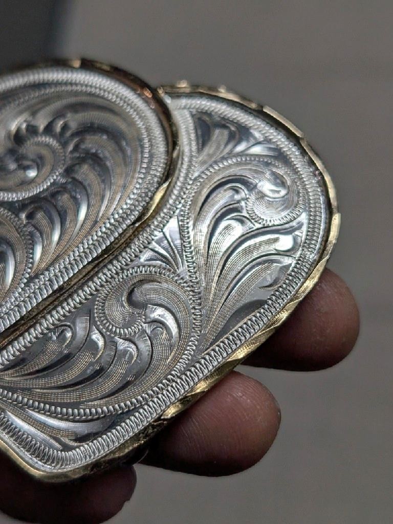 vintage DOUBLE HEARTS belt buckle WESTERN german silver ALPACA cowboy rodeo