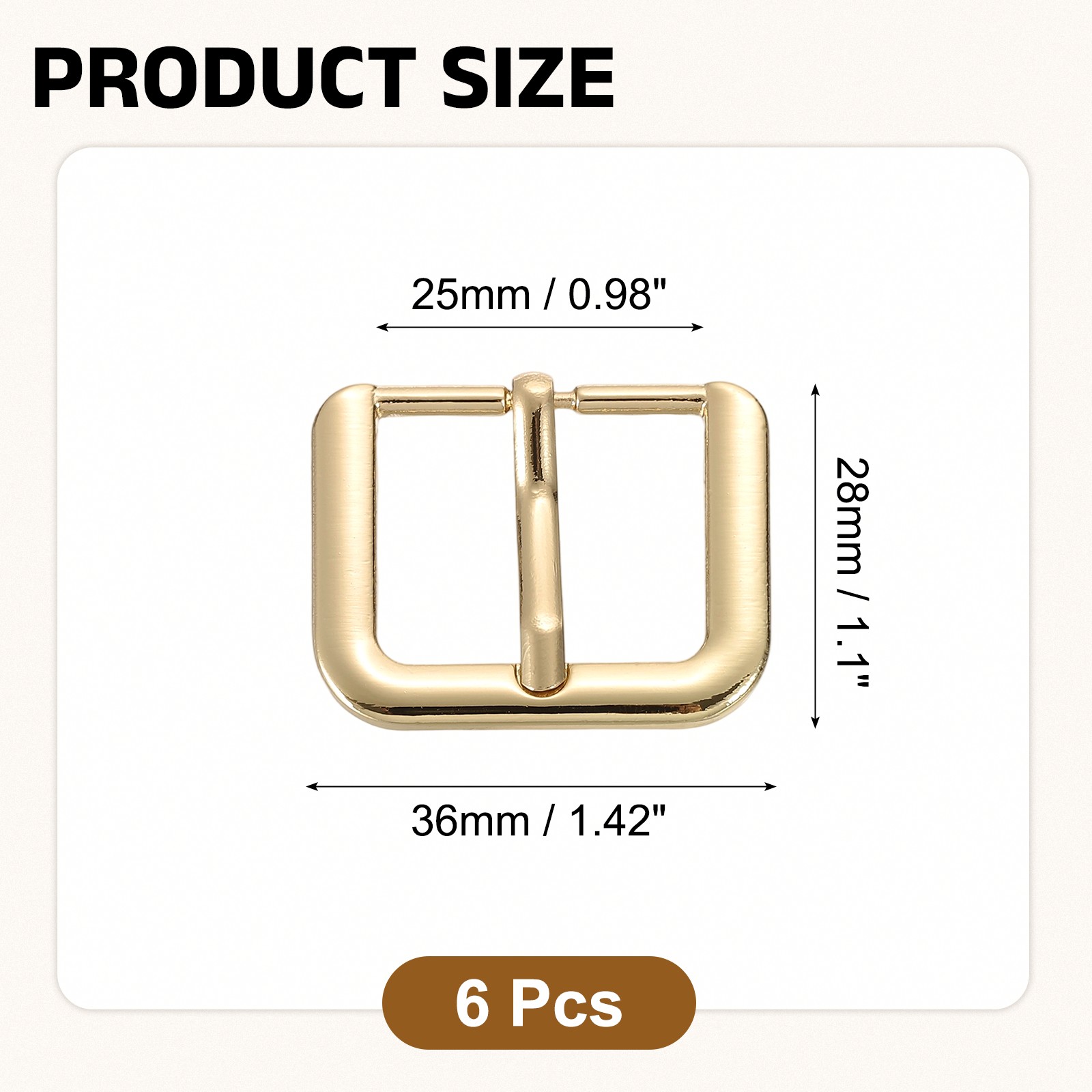 Metal Roller Buckle, 6Pcs 0.98&Prime; Square Single Prong Belt Buckle, Light Gold