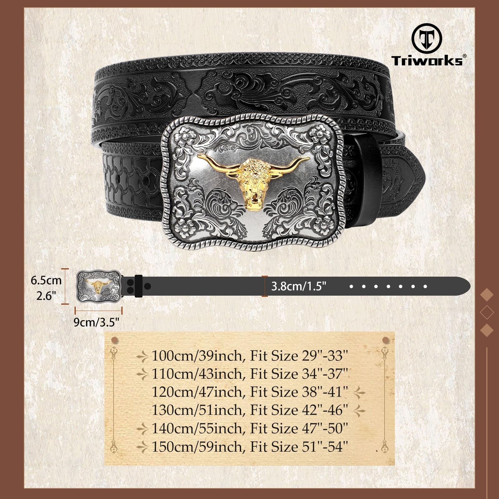 TRIWORKS Western Buckle Belts for Men, Mens Cowboy Fit Size 34&Prime;-37&Prime;, A-black