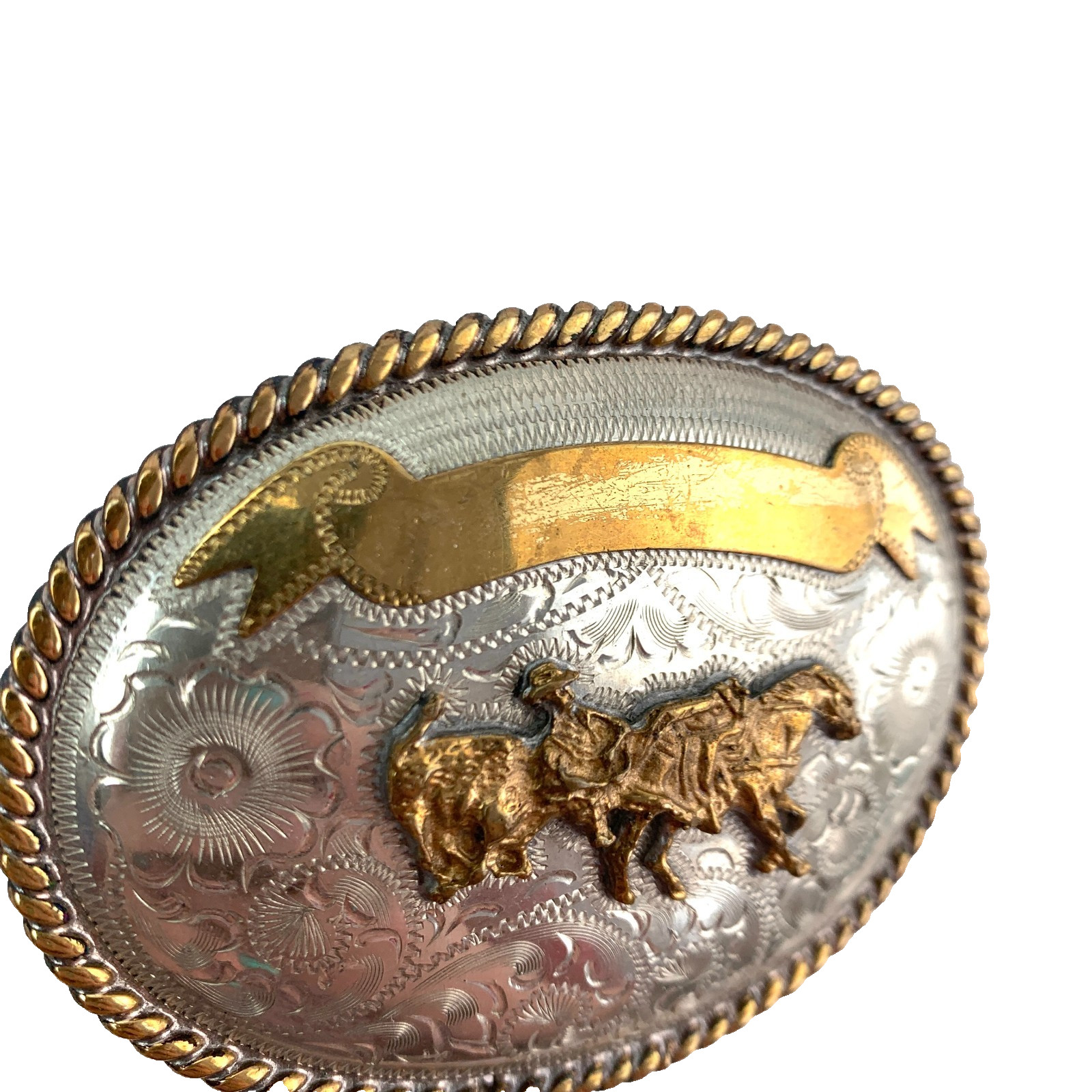 Vintage Alpaca Mexico Calf Roper Etched Silver Metal Belt Buckle