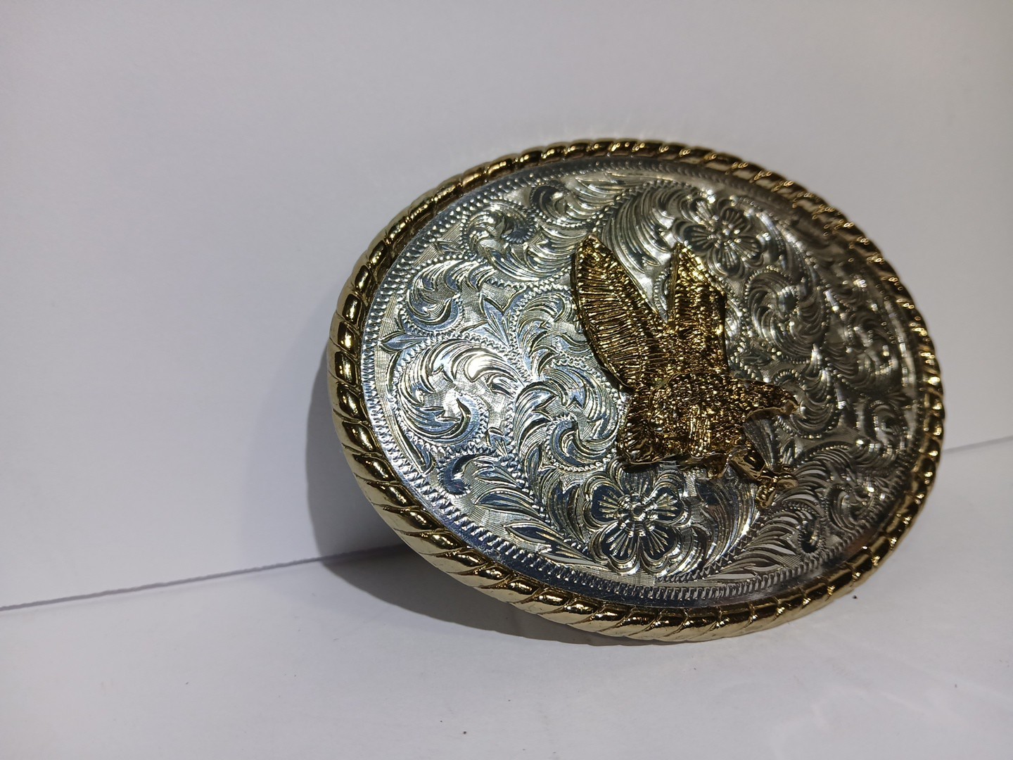 Golden Bronze Eagle On Silver Plated Western Style Belt Buckle – Made In USA