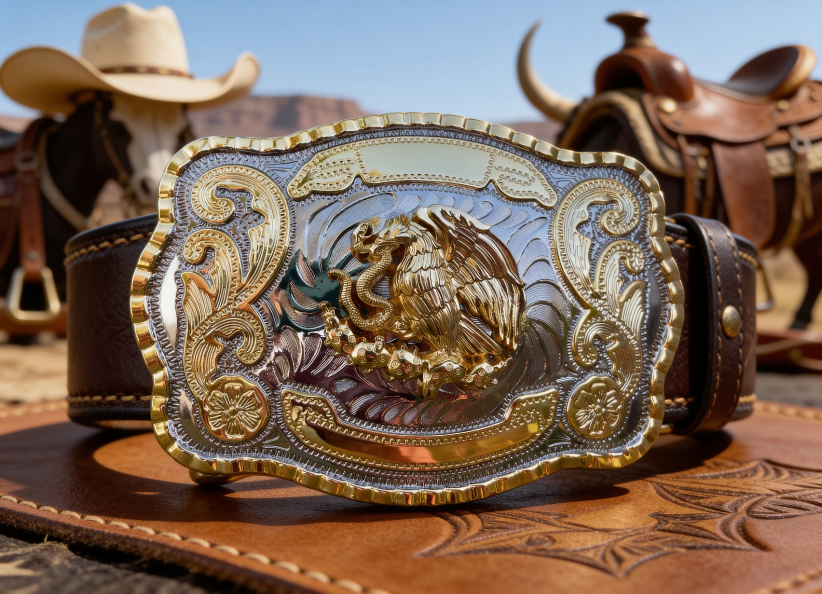 Mexican Eagle Belt Buckle Western Gold Silver Tone Hebilla Mexicana Cowboy Men