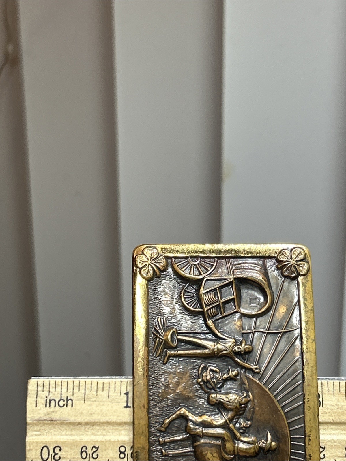 46. Vtg Brass Cowboy Wagon Clovers Round up Scene Belt Buckle 3 1/8&Prime; x 1 7/8&Prime;