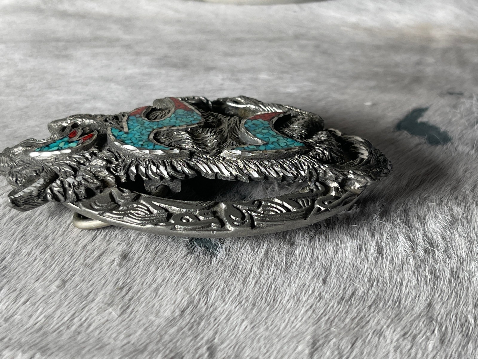 Vintage EJC Belt Buckle 4.25 x 2.75 in Wolf Southwestern Turq 1996 Oval 1.75