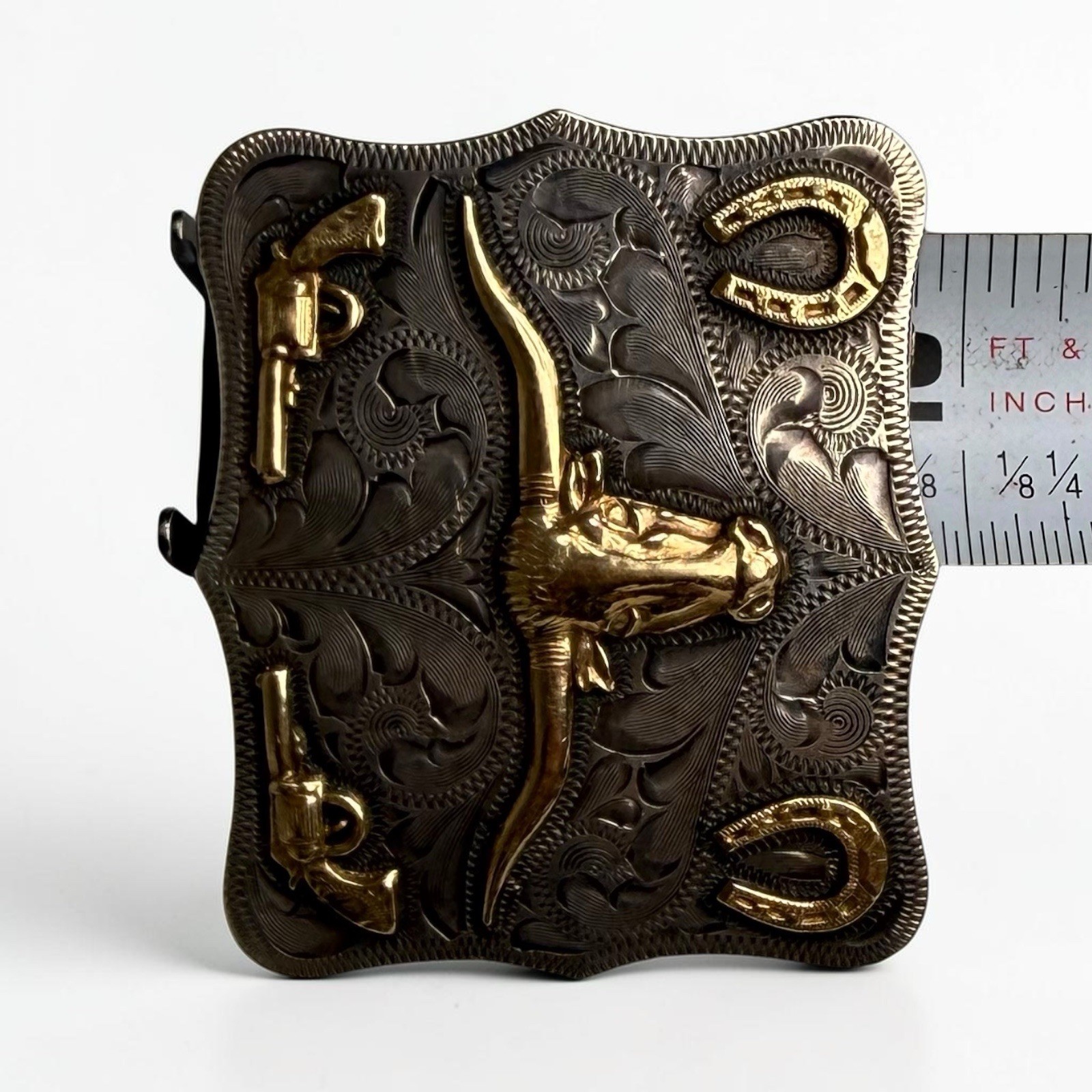 14K Gold Chet Vogt Maker Mexico Sterling Silver Longhorn Steer Belt Buckle
