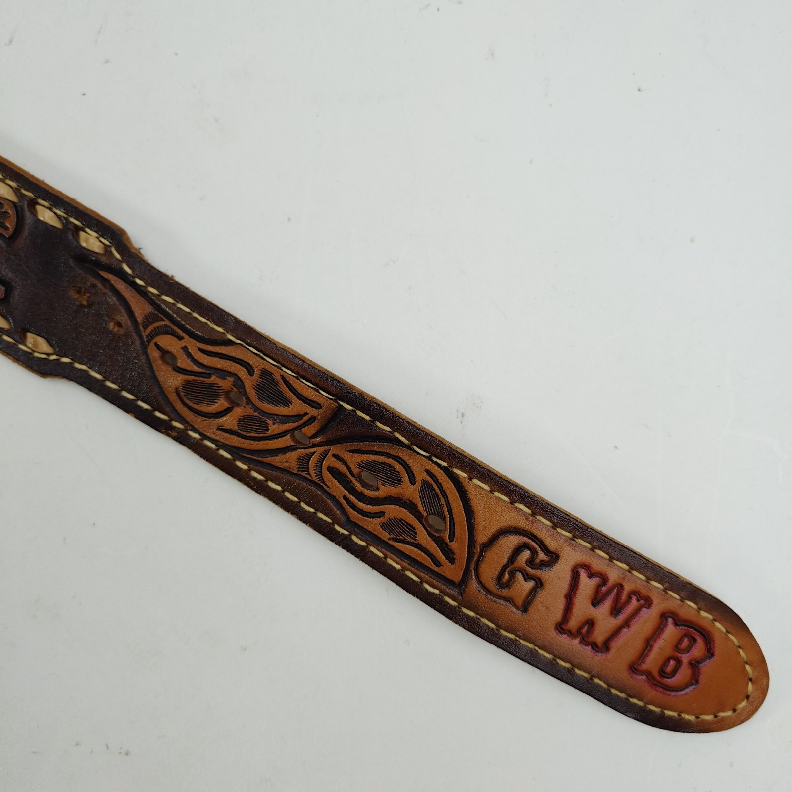 Vintage Tooled Western Leather Name Belt Gary GWB Mother of Pearl Inlay Size 38&Prime;