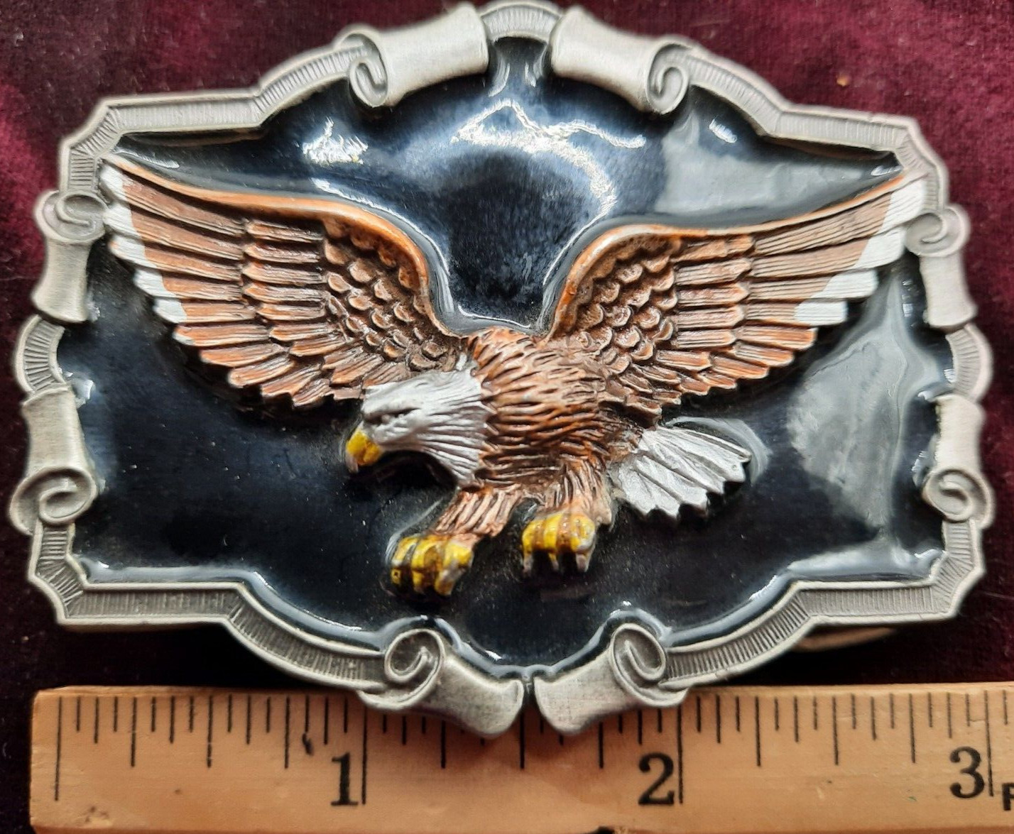 Vintage Open Wing Bikers Eagle Enameled Belt Buckle Scrolled background , 1983