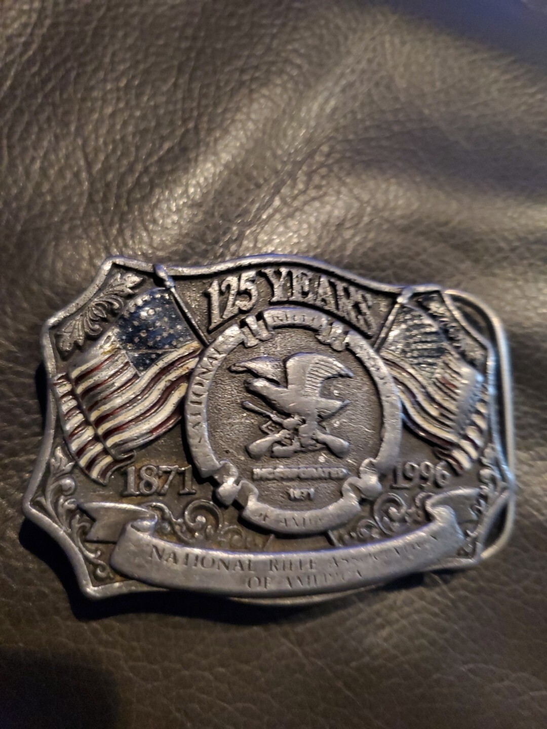 NRA Belt Buckle American Flag 125 Years 1996 Vintage National Rifle Association