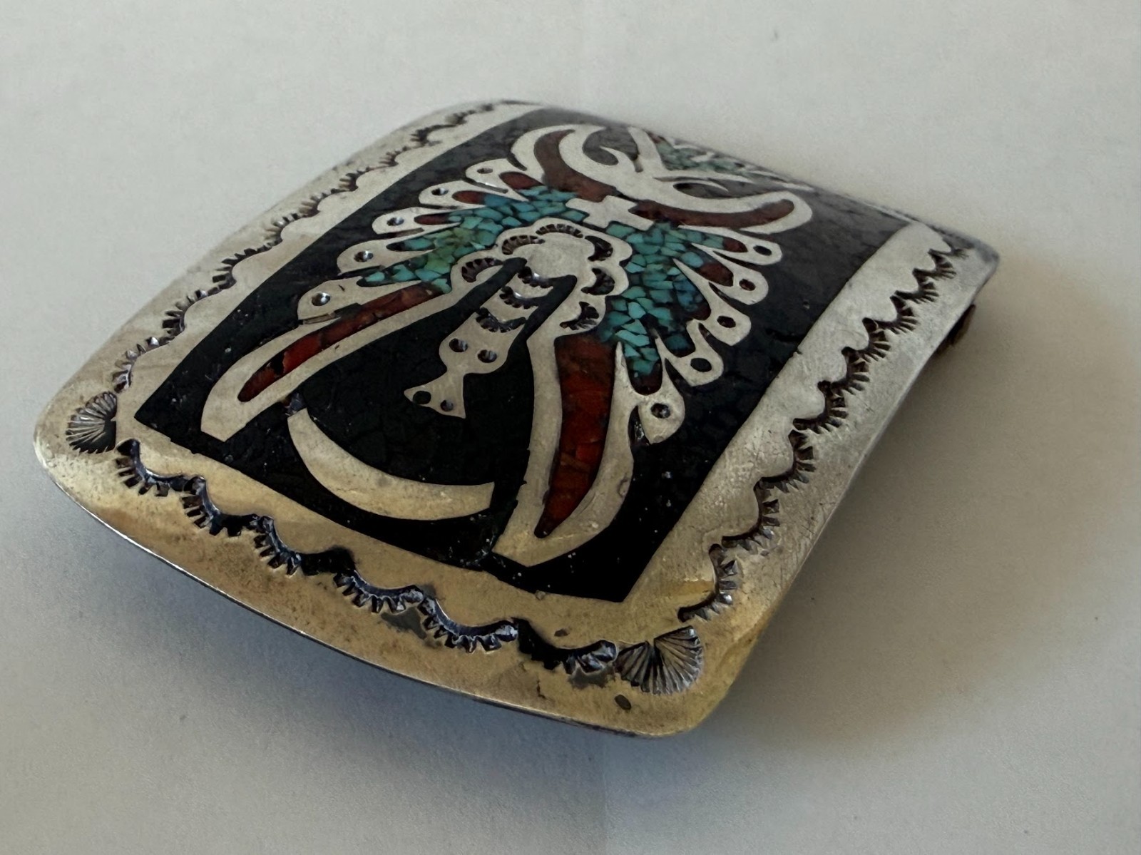 Vintage Navajo Silver Coral & Turquoise Belt Buckle Kathryn Wallace