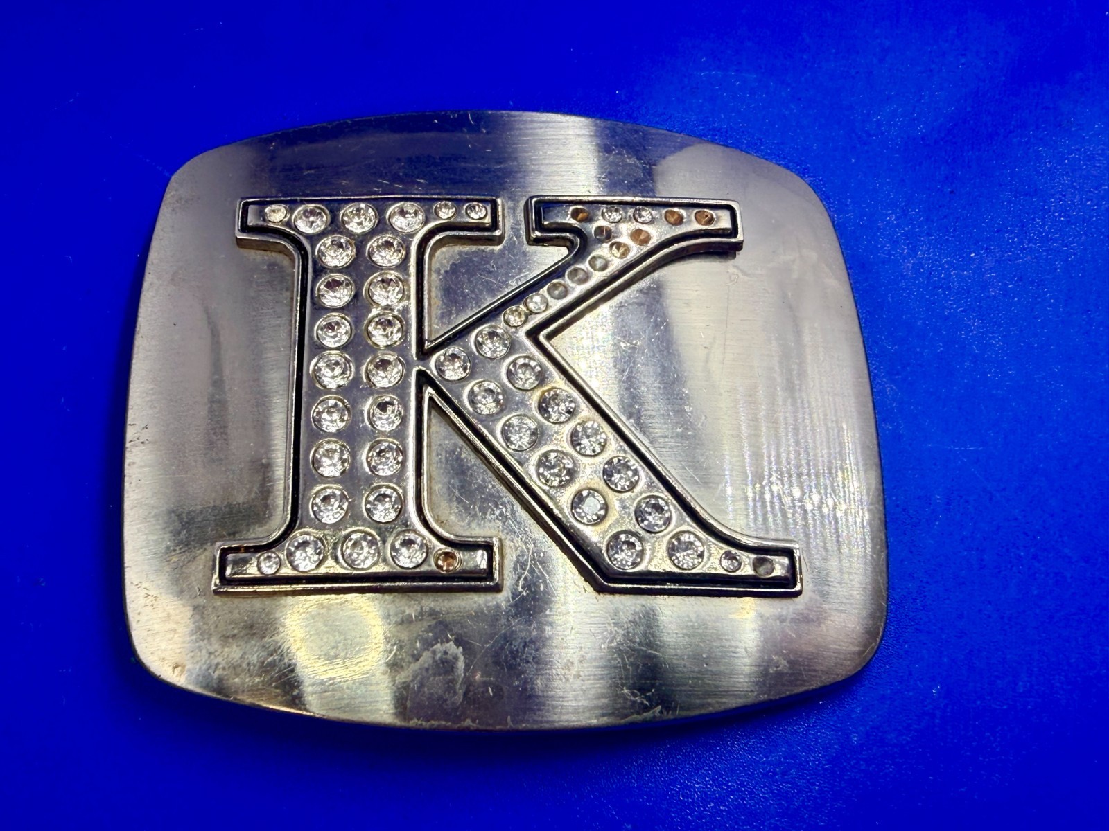 Custom Initial Letter K Monogram Silver Tone Belt Buckle – Missing a Rhinestone