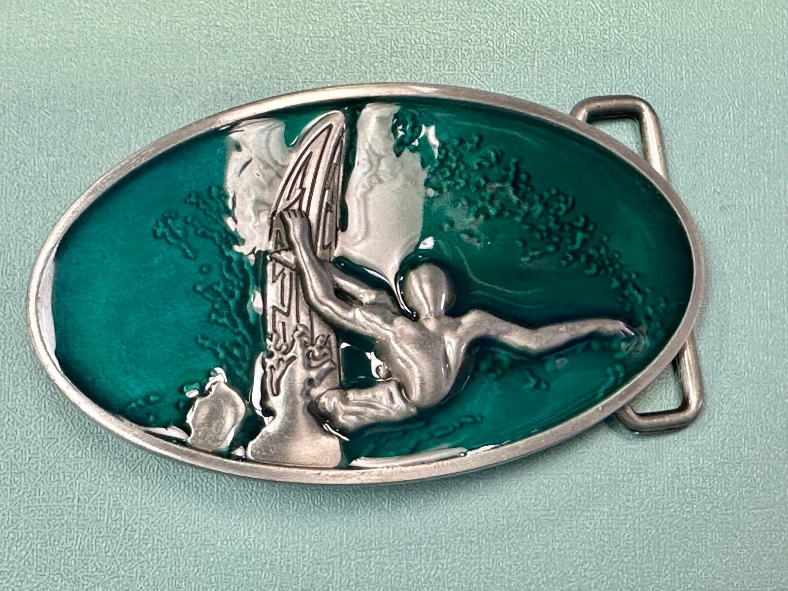 Surfer Riding A Wave Hang 10 Oval Aqua Ocean Sea Blue Color Belt Buckle