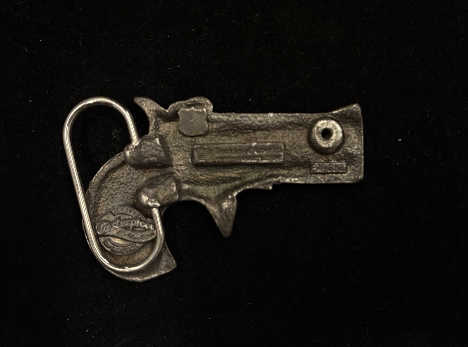 Vintage Bergamot Brass Works derringer belt buckle, featuring a gun-shaped RARE