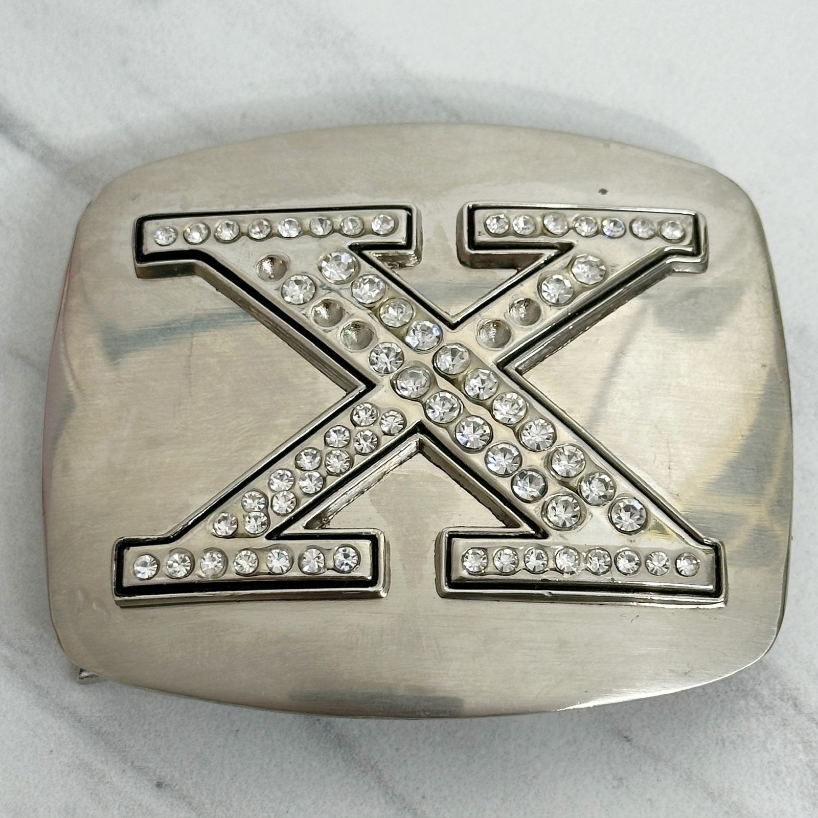 Rhinestone Studded X Letter Initial Monogram Silver Tone Belt Buckle