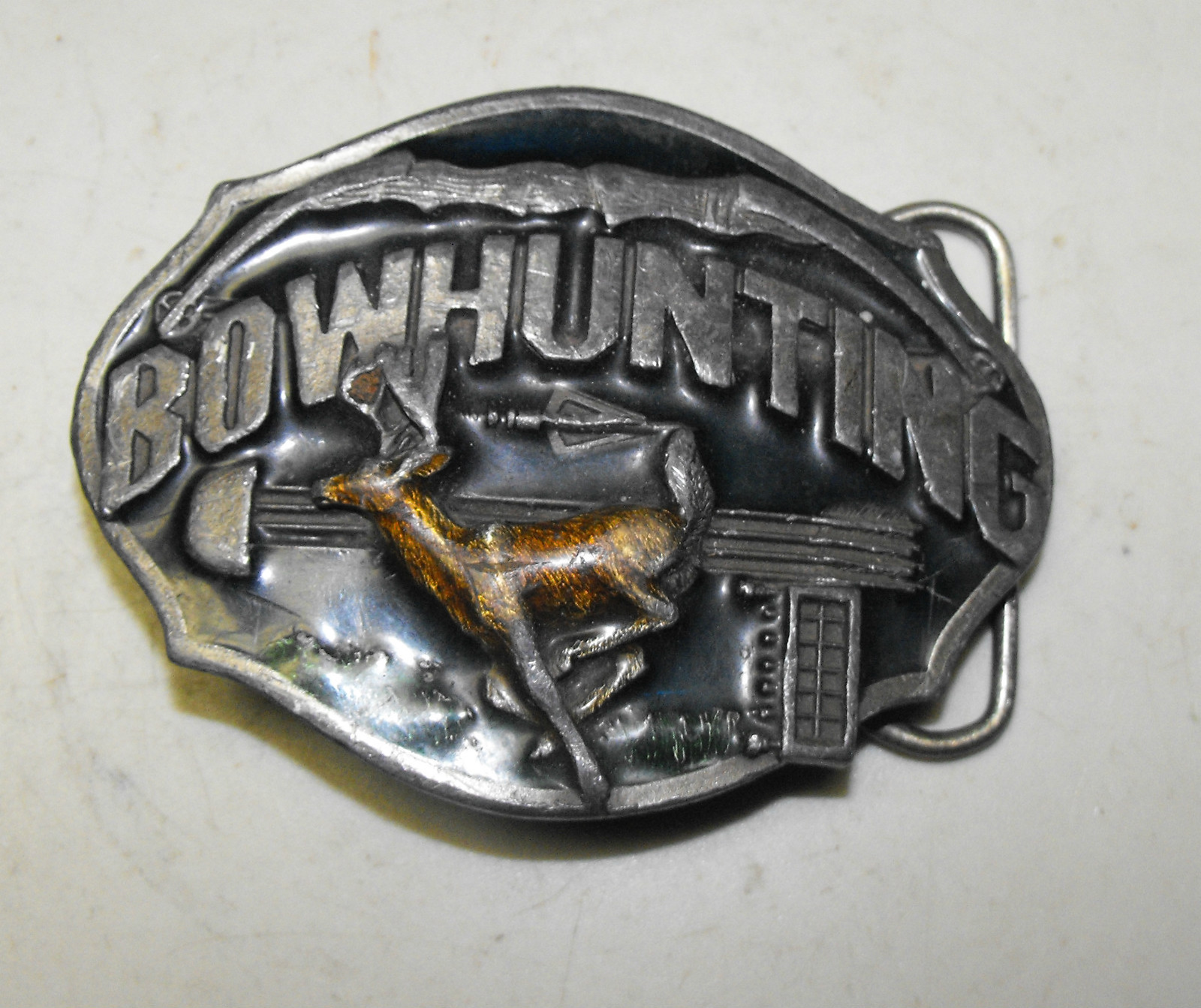 VINTAGE 1987 SISKIYOU DEER BOWHUNTING BELT BUCKLE PEWTER 3 1/4&Prime; X 2 1/2&Prime;