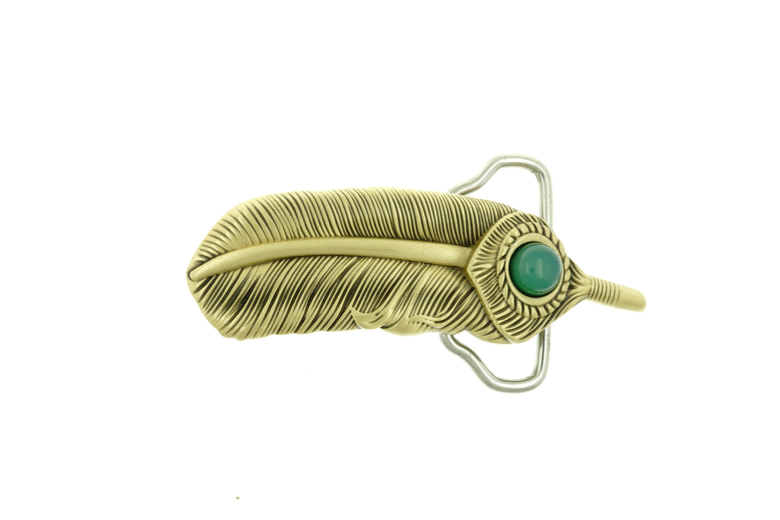 Feather with Green Stone Solid Brass Metal Belt Buckle