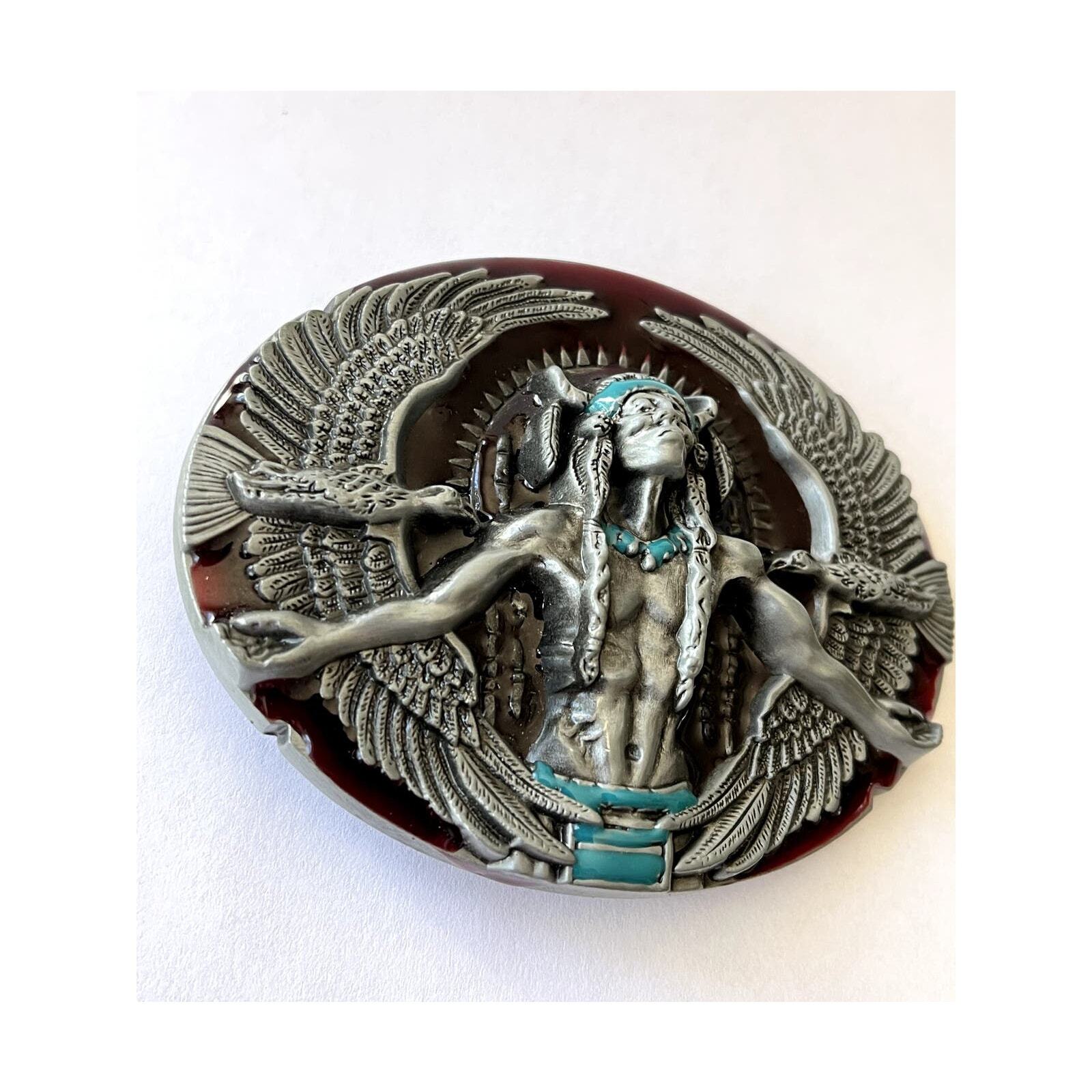 Indian With Eagles Native American Western Belt Buckle