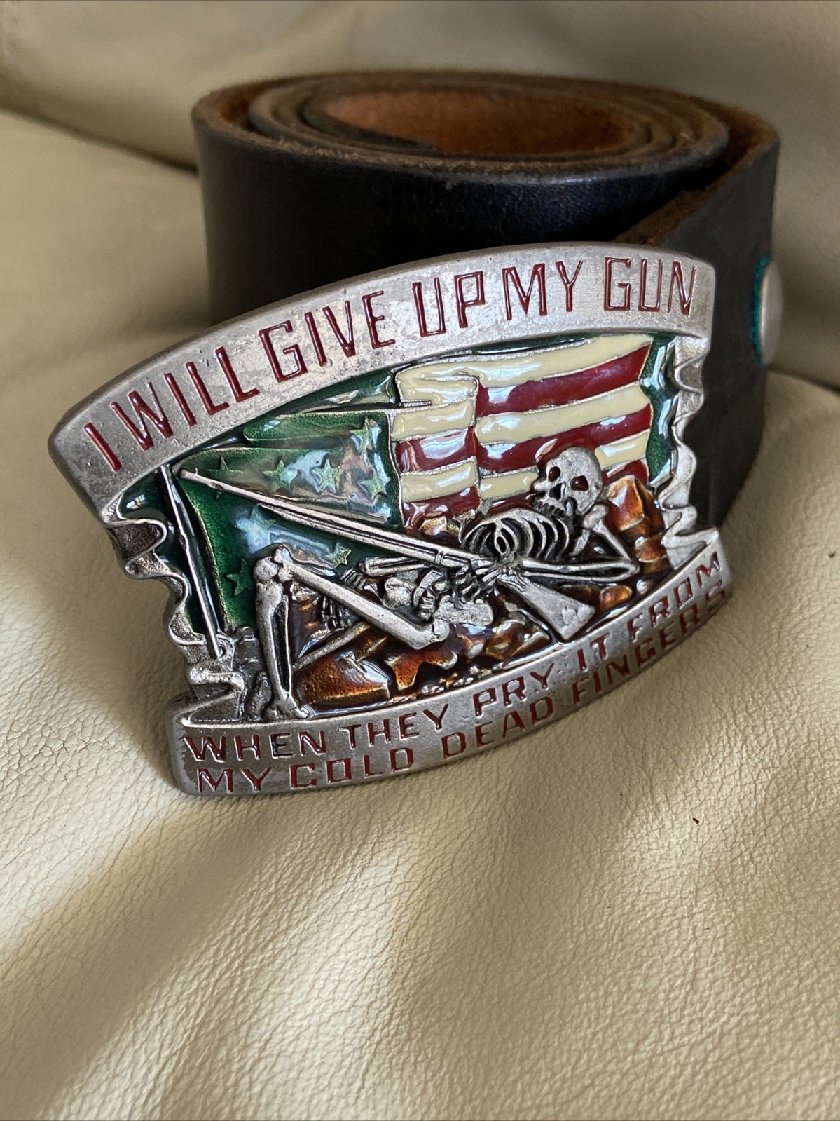 Vintage I WILL GIVE UP MY GUN WHEN THEY PRY IT FROM MY.. Leather BELT And BUCKLE