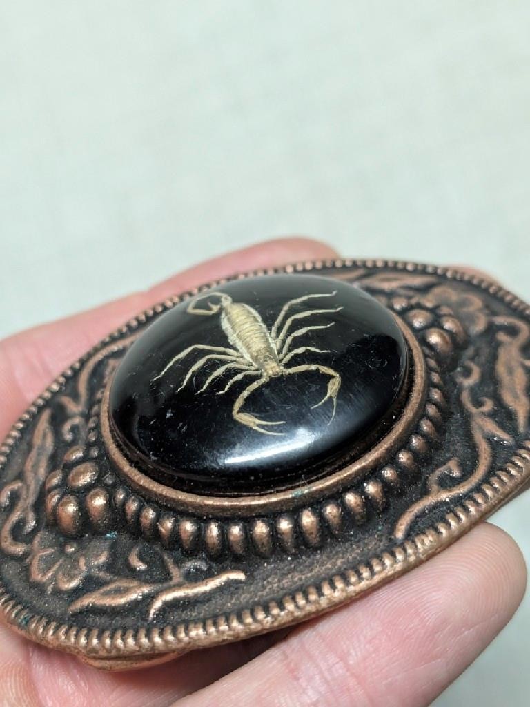 vintage USA made SCOROPION belt buckle WESTERN epoxy COWBOY copper engraved