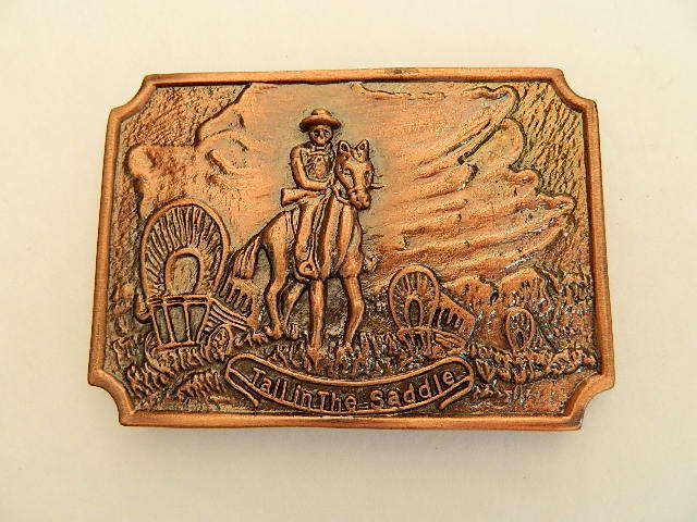 TALL IN THE SADDLE, WAGON TRAIL SCENE, BRASS COLOR, 2.5&Prime; X 3.5&Prime; BELT BUCKLE, NEW