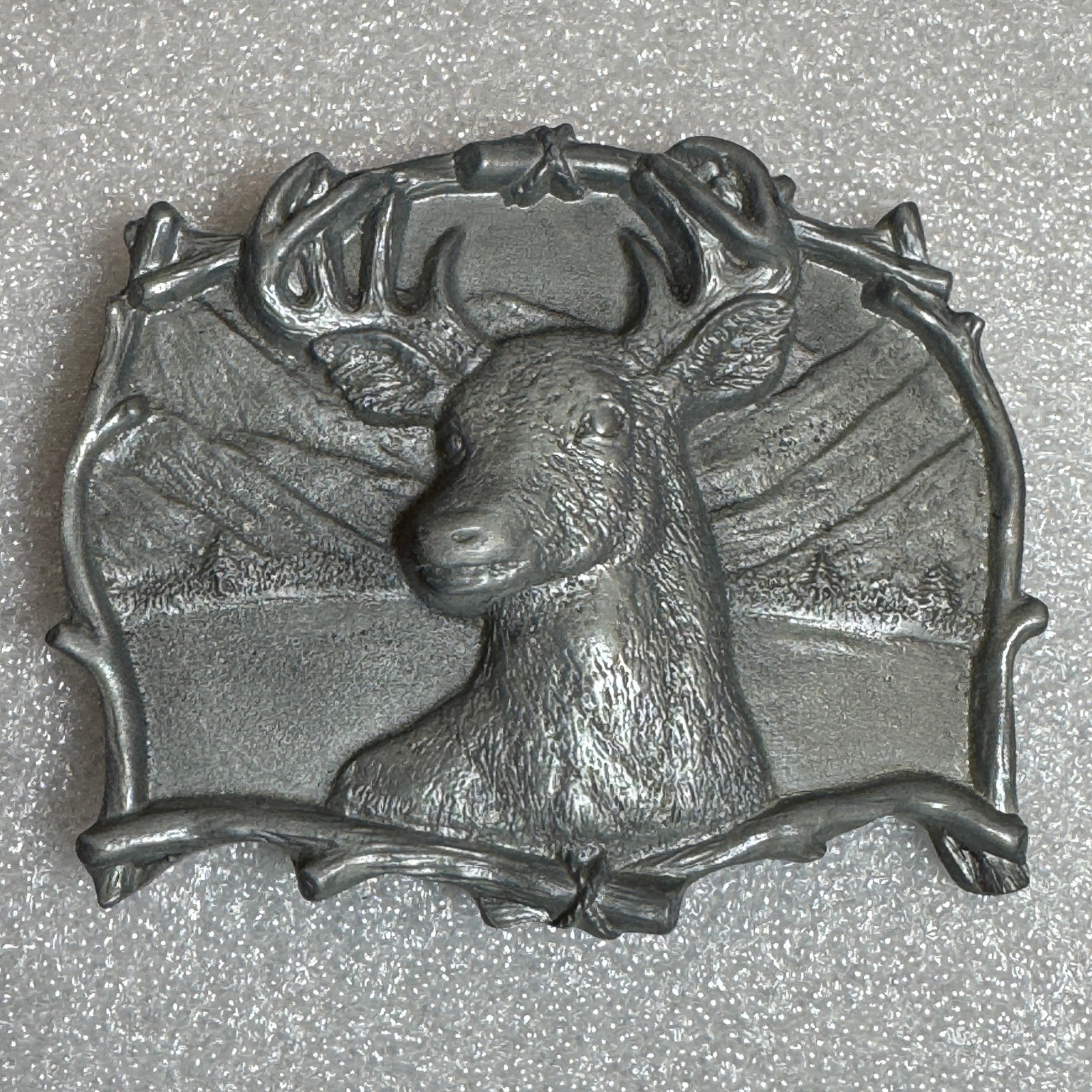 Deer Buck Belt Buckle Mountains Scene Antlers 1994 Reissue Collectible