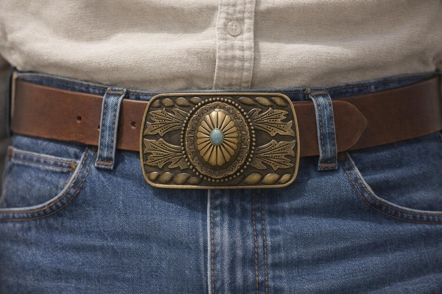 Turquoise Western Belt Buckle Antique Brass Engraved Oval Cabochon Cowboy Style