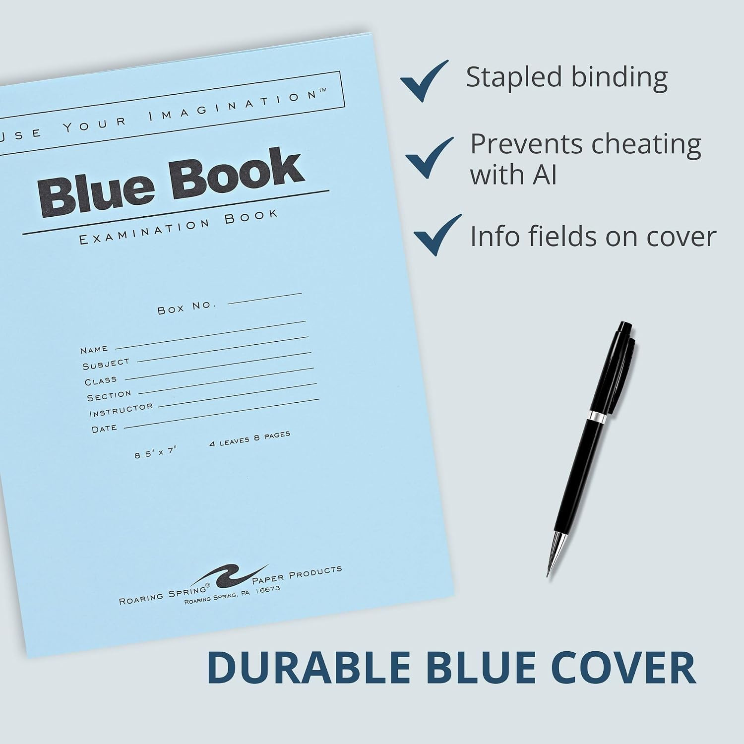 Exam Blue Books, 100 School Examination Booklets, 8.5&Prime; X 7&Prime;, 4 Sheets/8 Pages, W