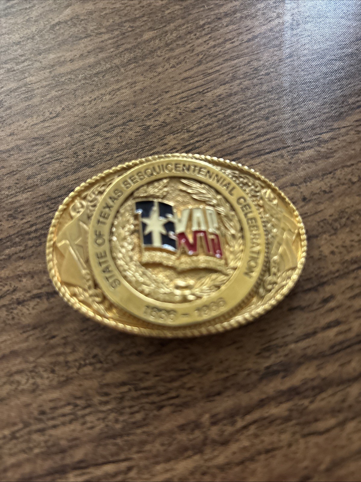 State of Texas Sesquicentennial Celebration Belt Buckle 1836-1986 Gold Plated