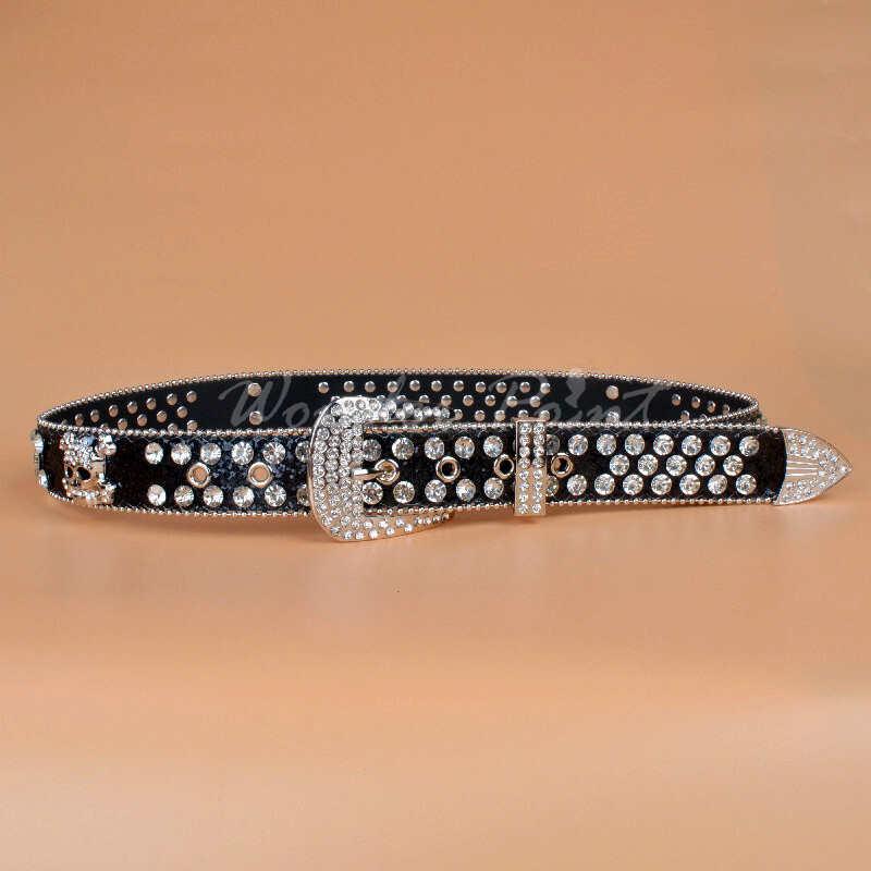 Skull Western Crystal Studded Belt Cowgirl Cowboy Rhinestone Belt For Women Men