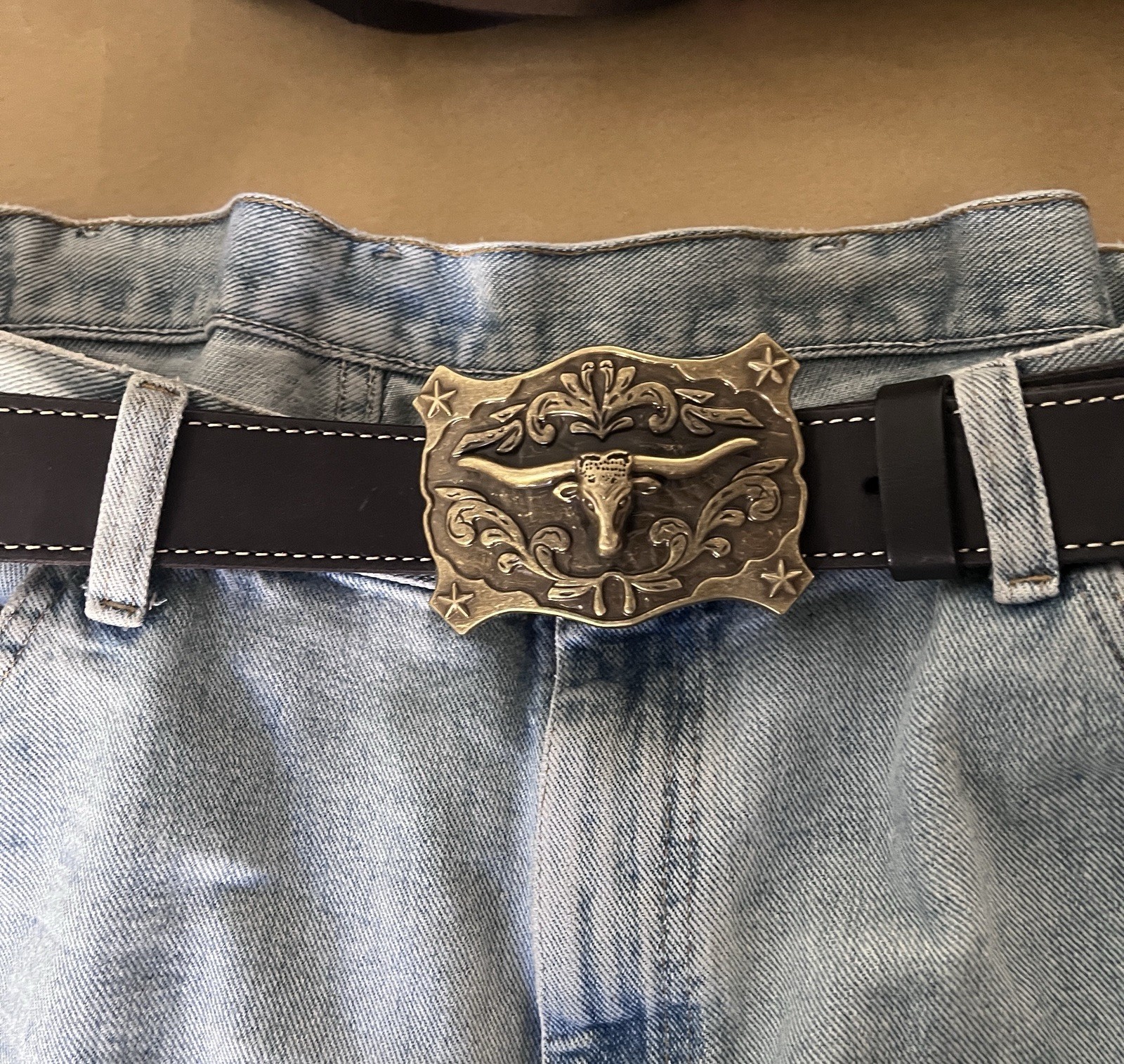 New Ancient Gold Patina Western Cowboy Belt Buckle Symmetrical Bull Head Buckle
