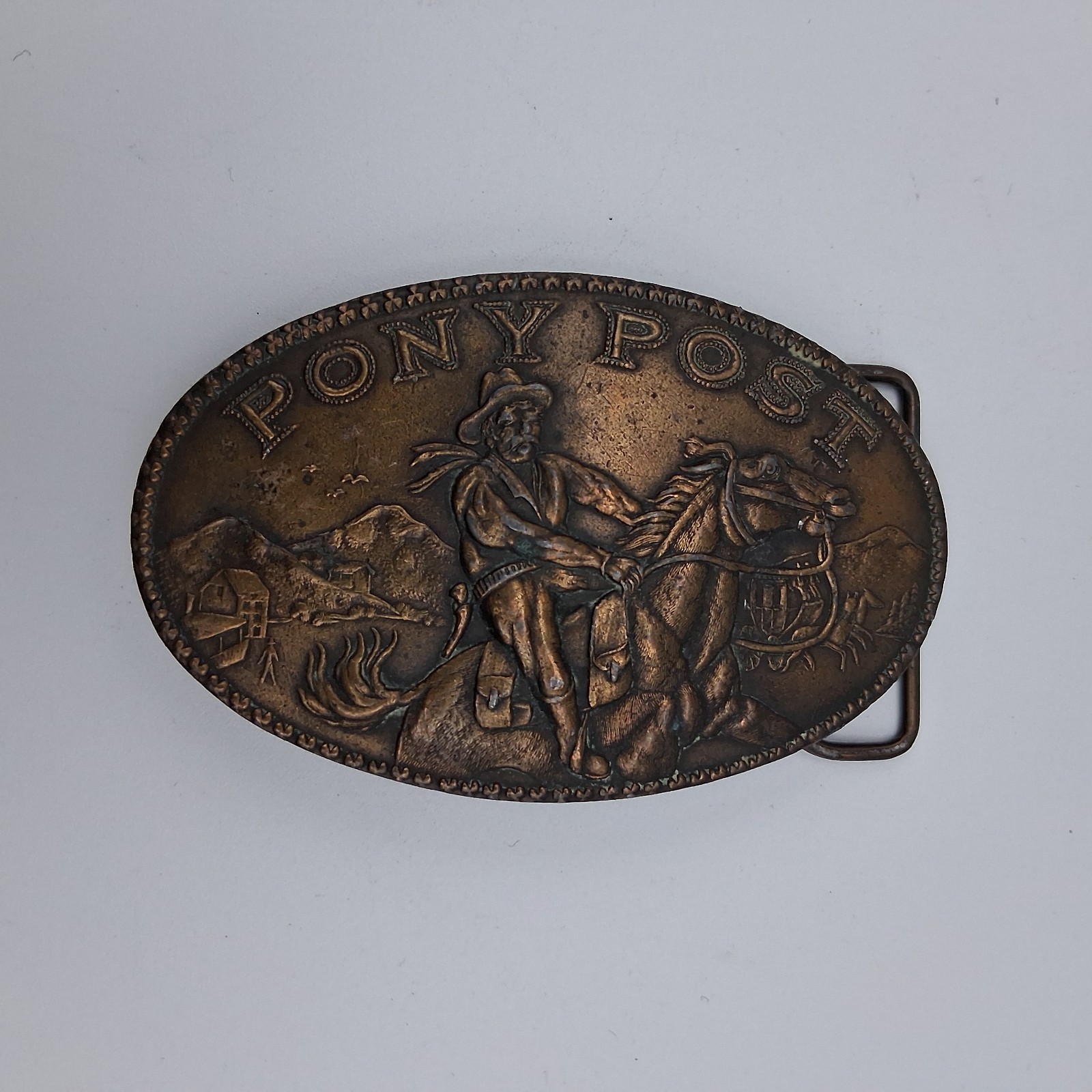 Vintage 70s Pony Post Express Brass Metal Belt Buckle Montauk Silver Company
